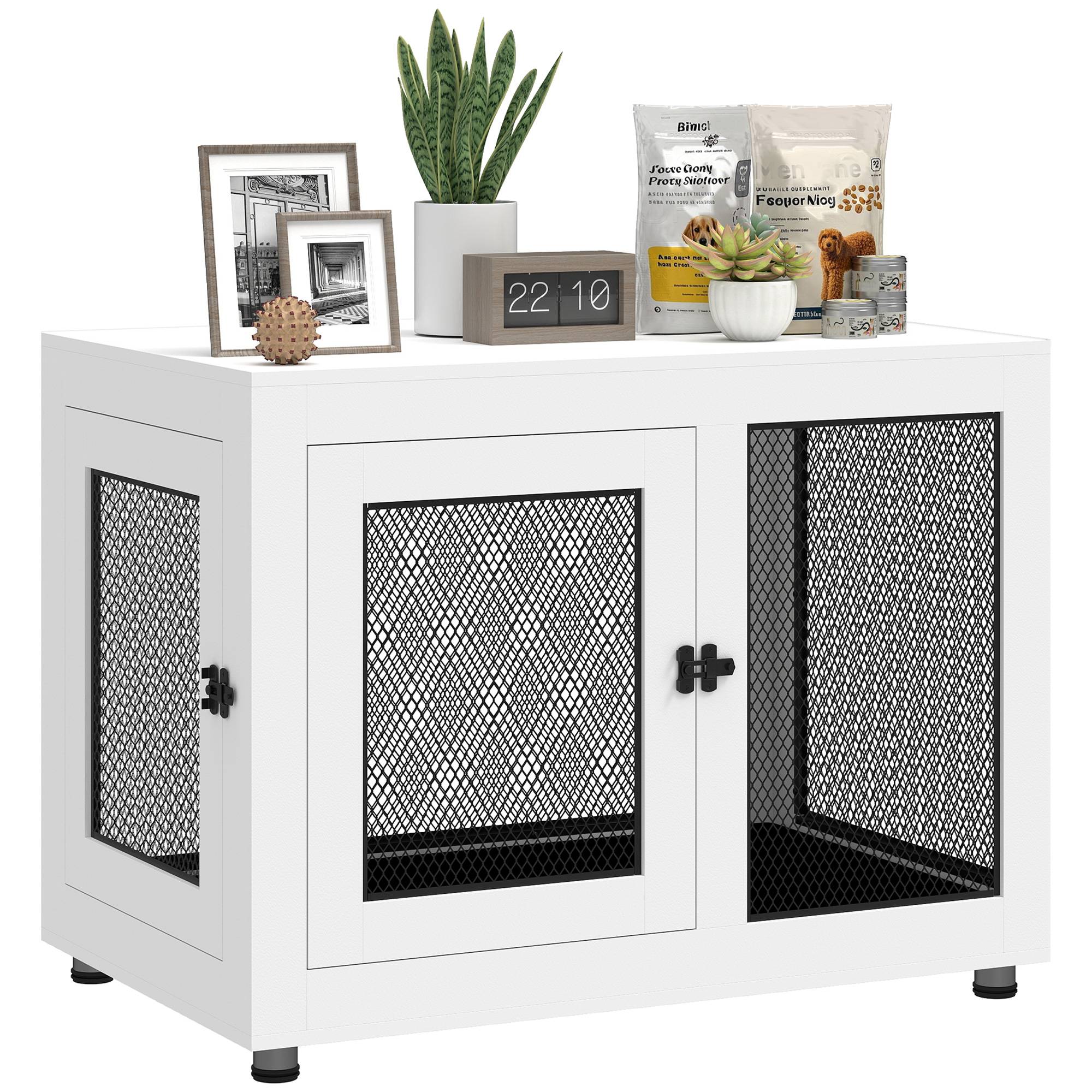 Caisse pour chien avec tapis doux,2 portes verrouillables,acier blanc,94x60x71,5cm - Image 1
