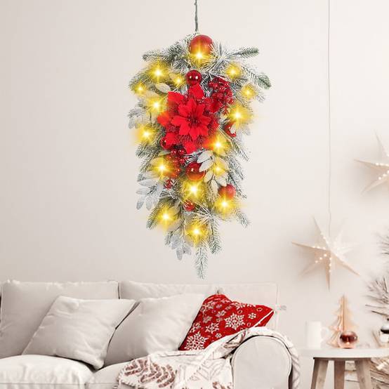 Couronne de Noël renversée de 60cm avec branches de pin artificielles, fleurs rouges et baies, idéale pour décorer votre porte d'entrée,Lumière chaude - Image 5