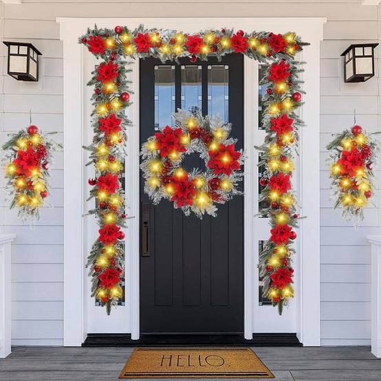 Couronne de Noël renversée de 60cm avec branches de pin artificielles, fleurs rouges et baies, idéale pour décorer votre porte d'entrée,Lumière chaude - Image 7