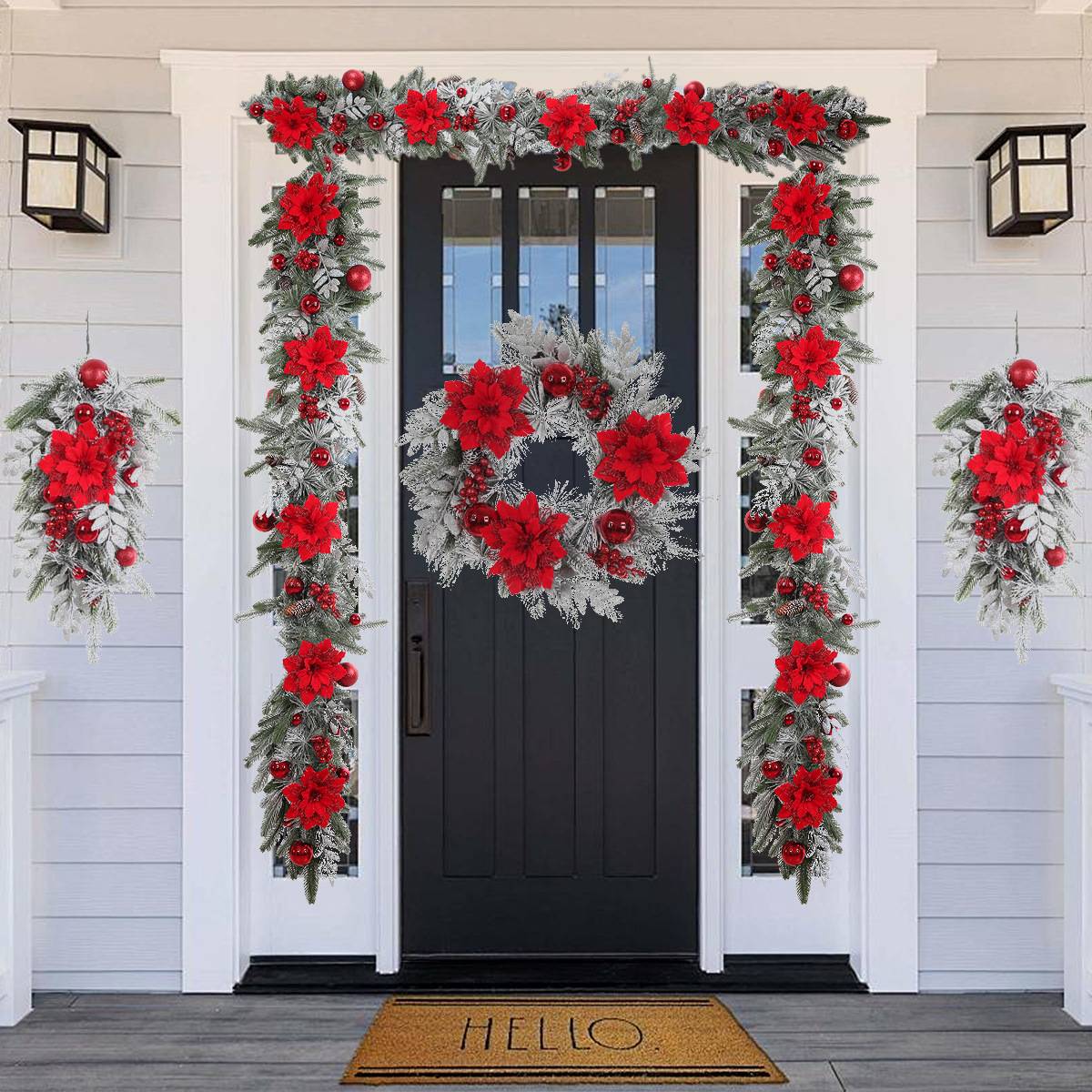 Couronne de Noël renversée de 60cm avec branches de pin artificielles, fleurs rouges et baies, idéale pour décorer votre porte d'entrée,Lumière chaude - Image 3