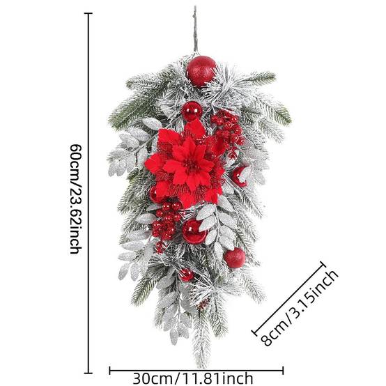 Couronne de Noël renversée de 60cm avec branches de pin artificielles, fleurs rouges et baies, idéale pour décorer votre porte d'entrée,Lumière chaude - Image 4