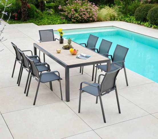 Ensemble table et chaises de jardin 8 places effet bois OLERONY - Image 2