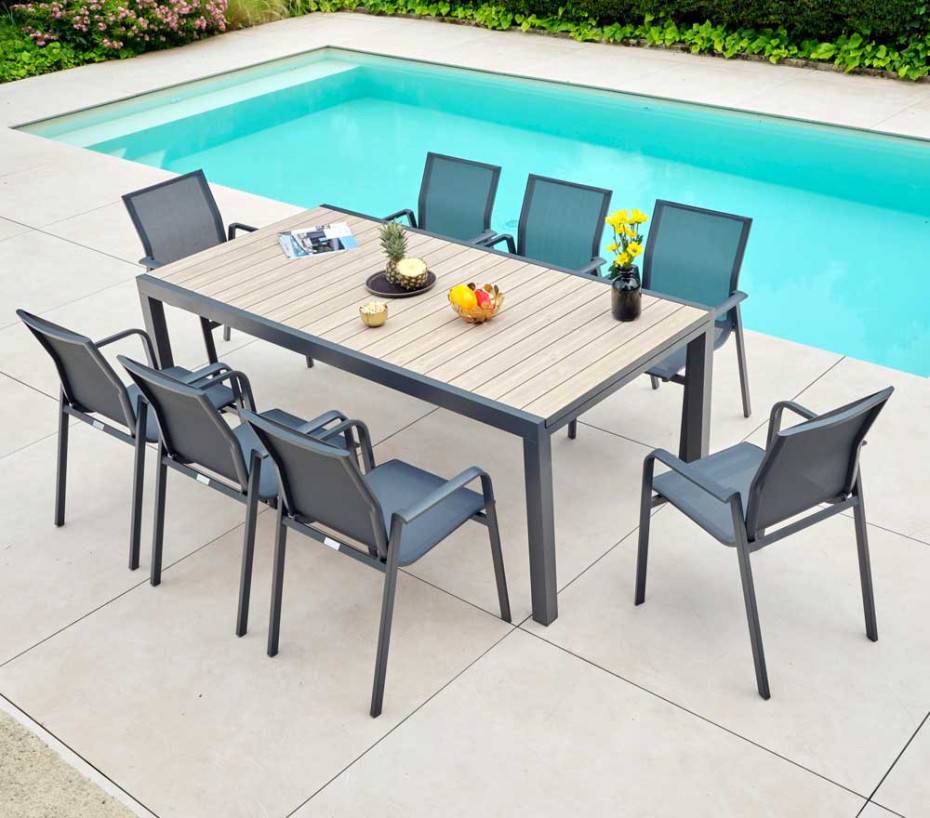 Ensemble table et chaises de jardin 8 places effet bois OLERONY - Image 3