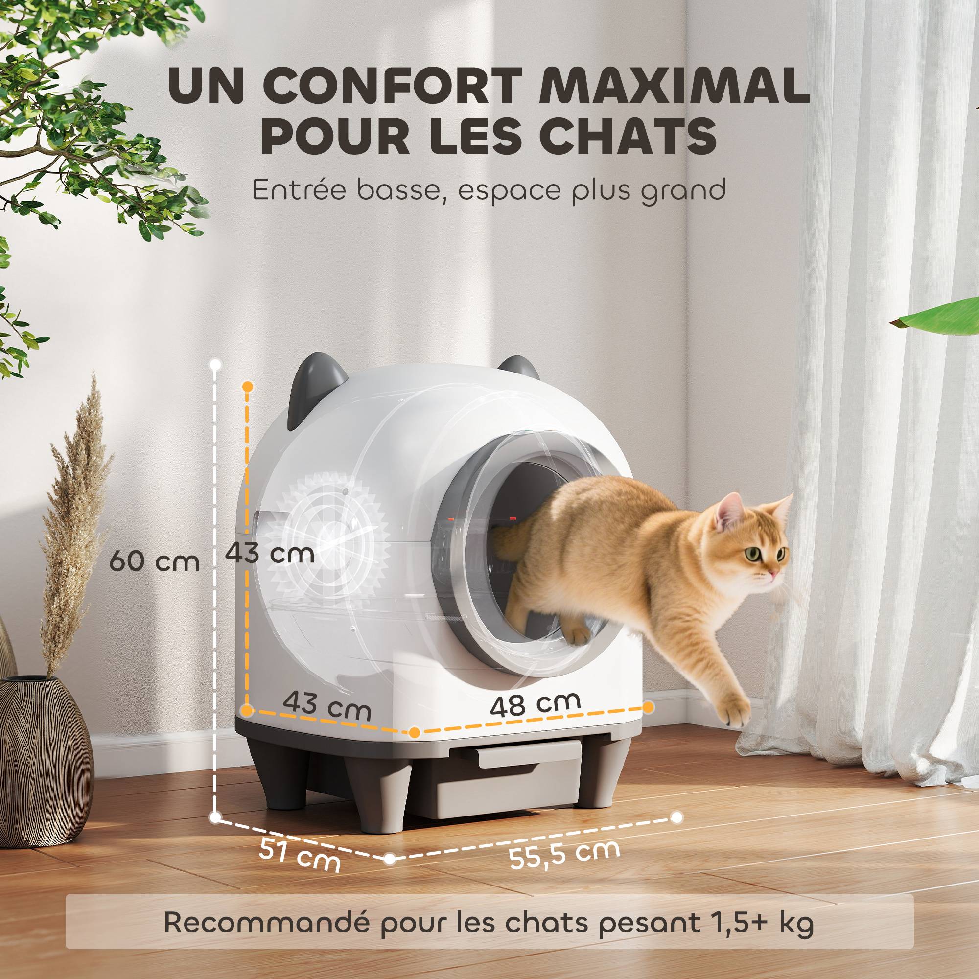 Bac à Litière Autonettoyant Connecté 80L Contrôle via App Sécurité Anti-Pincement Blanc - ComfortXL Outdoor Living - Image 5