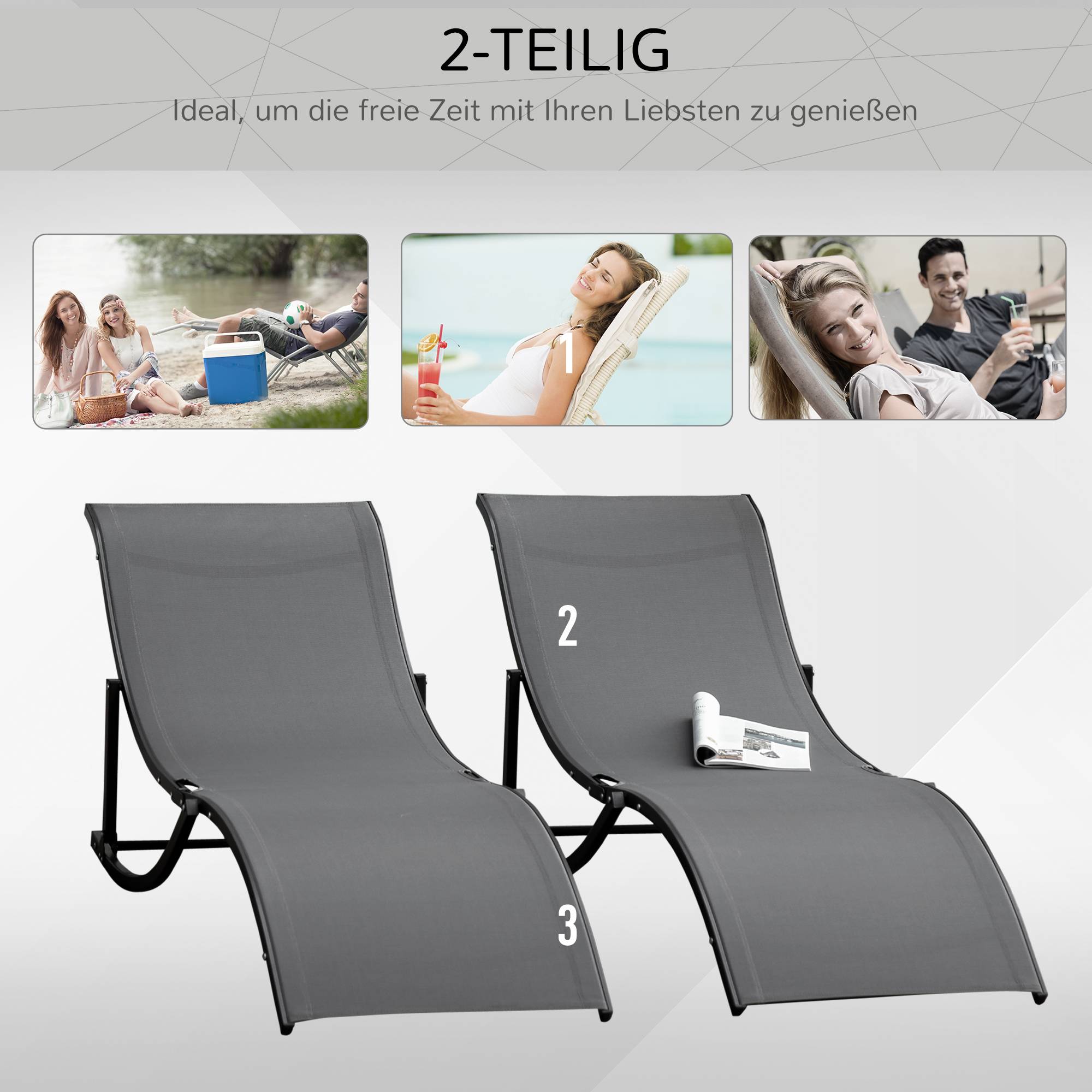 Lot de 2 transats relax ergonomiques aluminium textilène gris foncé, 165 x 61 x 63 cm - Image 9