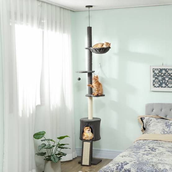 Arbre à chat plafond sisal et peluche gris 30 x 25 x 240 cm - PANGIVO - Image 3