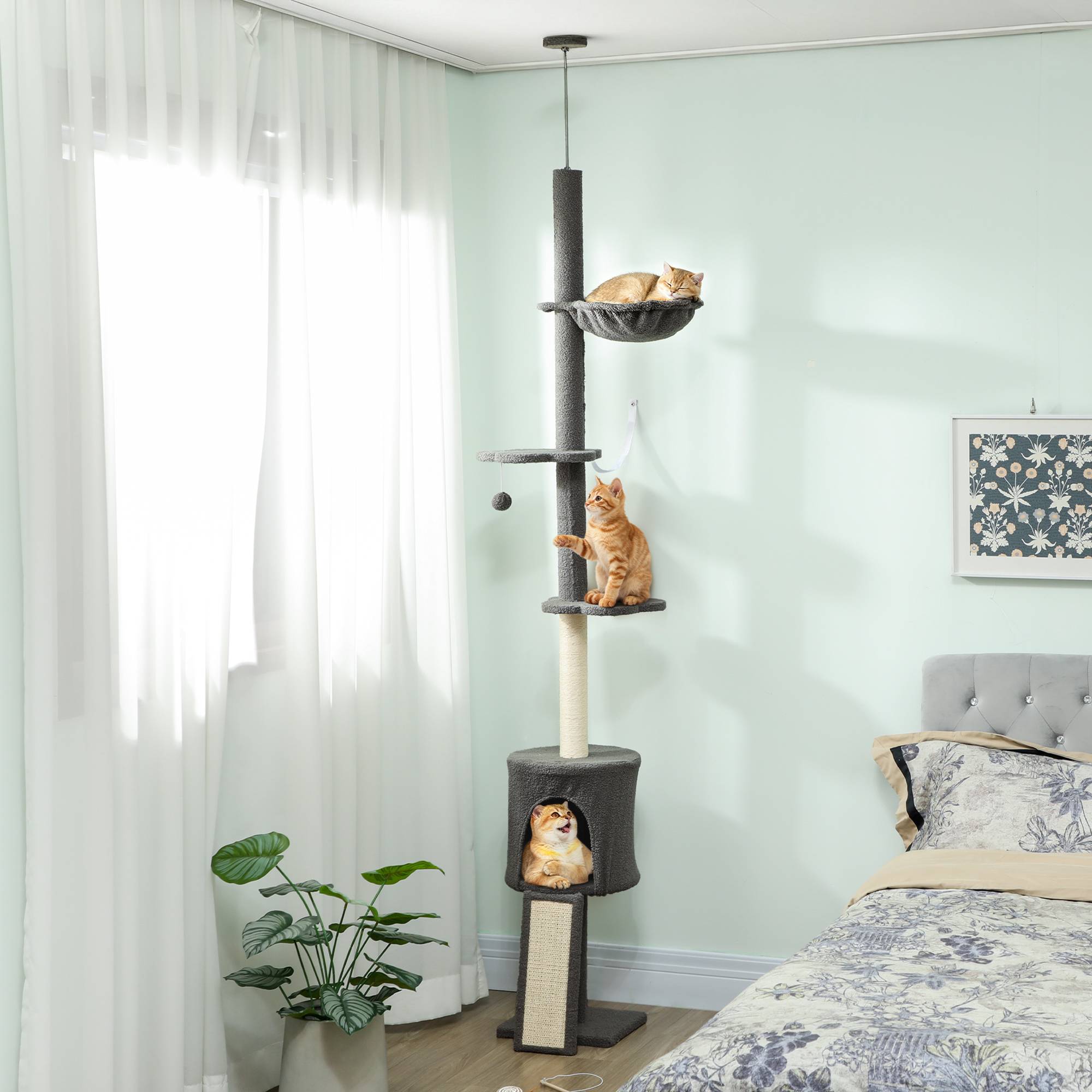 Arbre à chat plafond sisal et peluche gris 30 x 25 x 240 cm - PANGIVO - Image 3
