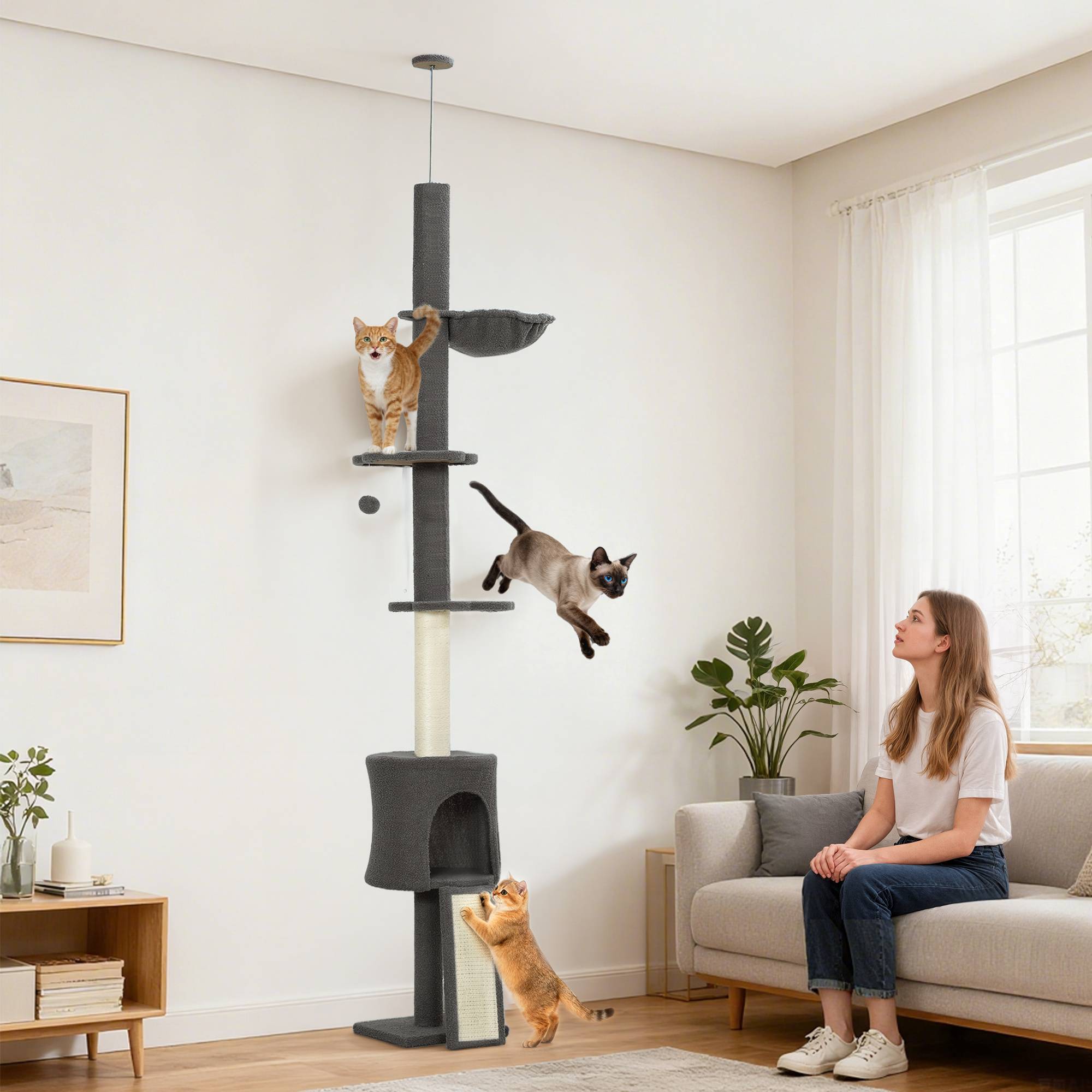 Arbre à chat plafond sisal et peluche gris 30 x 25 x 240 cm - PANGIVO - Image 4
