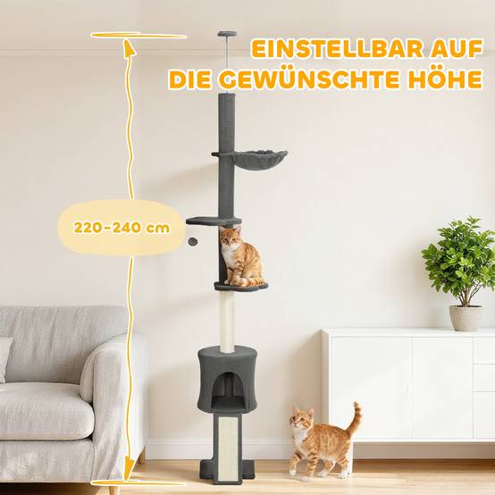 Arbre à chat plafond sisal et peluche gris 30 x 25 x 240 cm - PANGIVO - Image 6