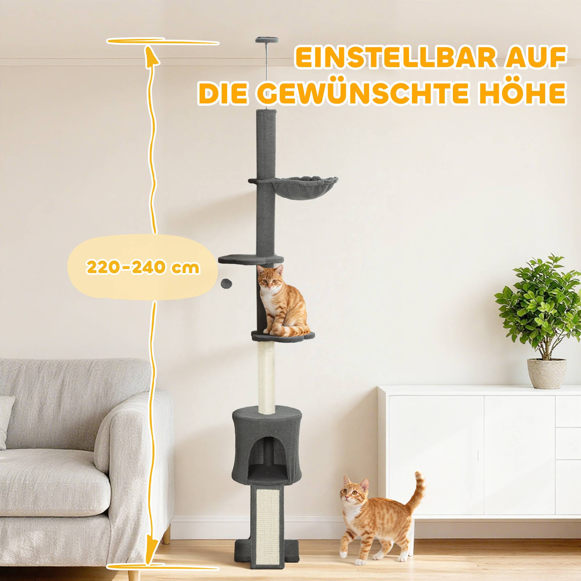 Arbre à chat plafond sisal et peluche gris 30 x 25 x 240 cm - PANGIVO - Image 6