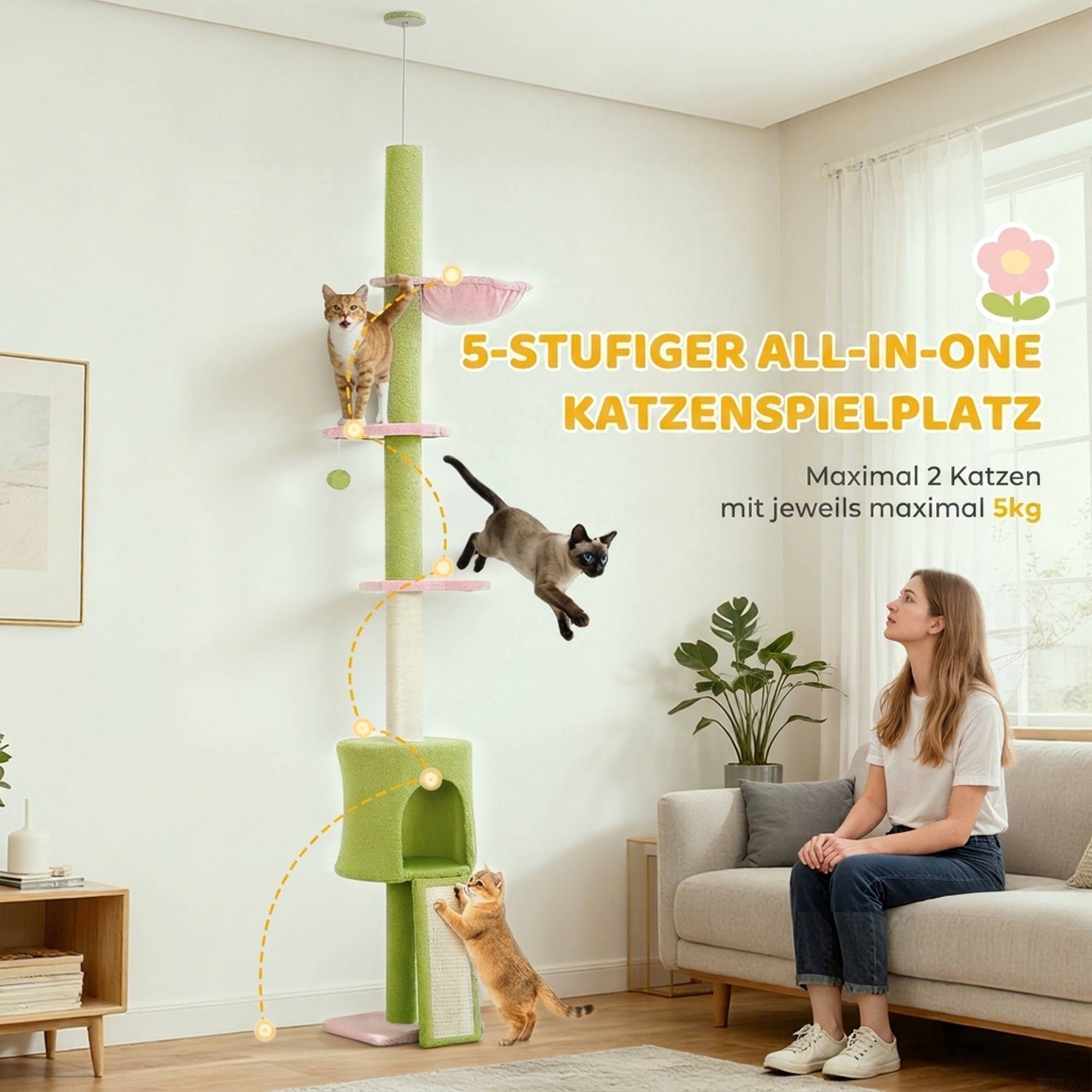 Arbre à chat niche, hamac, hauteur réglable, revêtement tissu, vert - Image 8