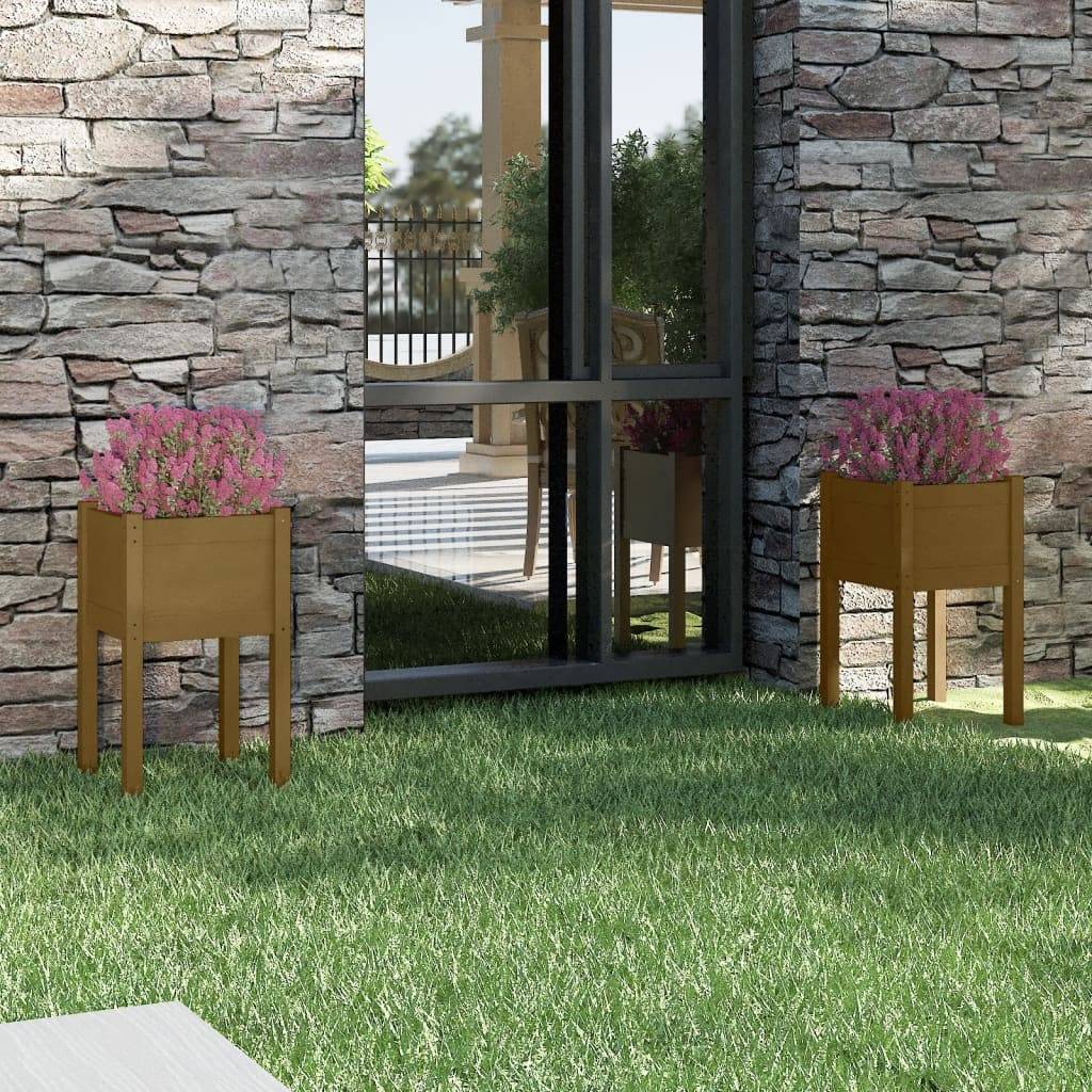 Maison Chic - Lot de 2 Jardinières, Bac à fleurs, Pot de fleurs Marron miel 40x40x70 cm Bois de pin massif - Imagen 2