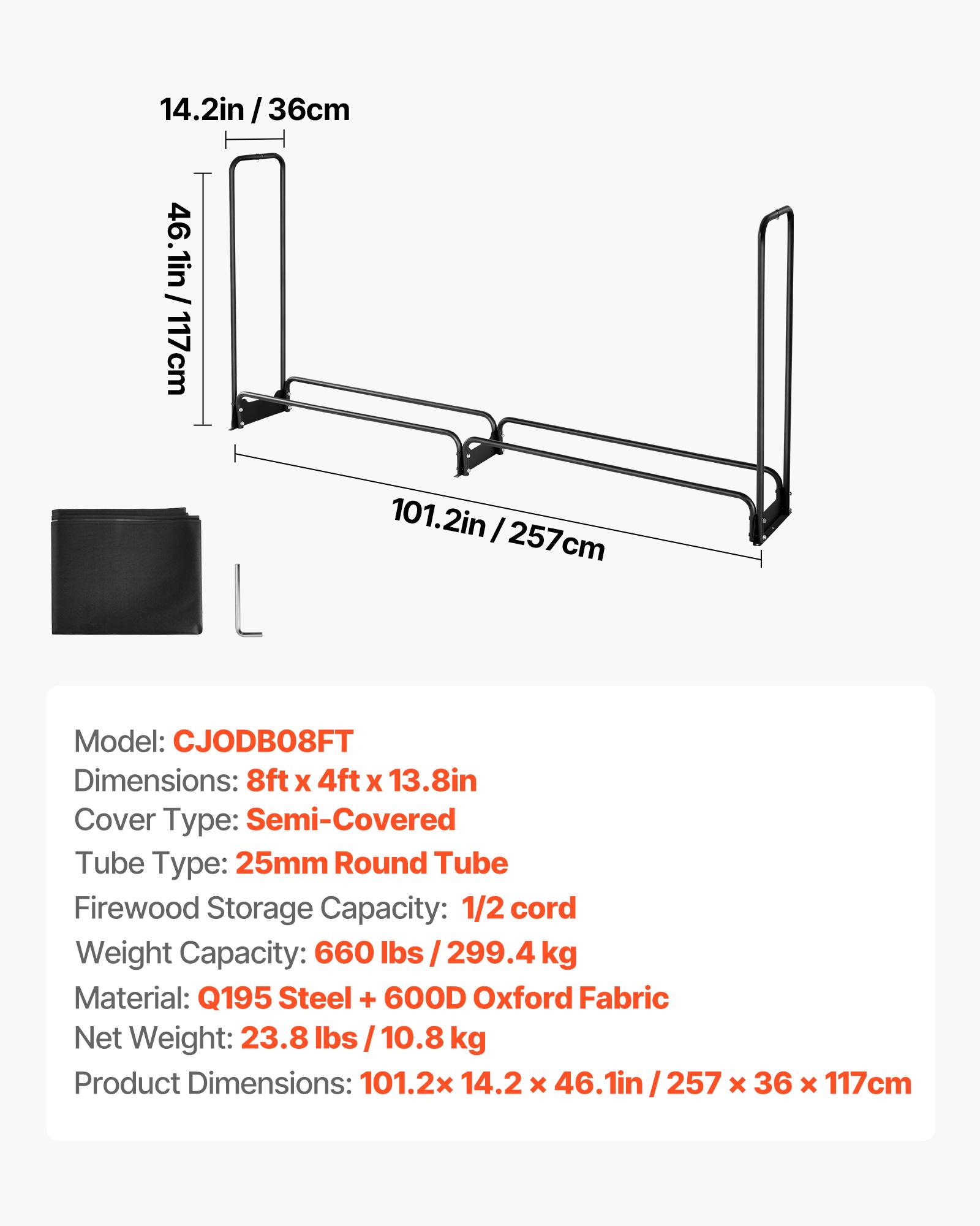 VEVOR Abri à buches 259x36x117 cm avec couverture 600D, pour 1/2 corde de bois en intérieur/extérieur. - Image 7
