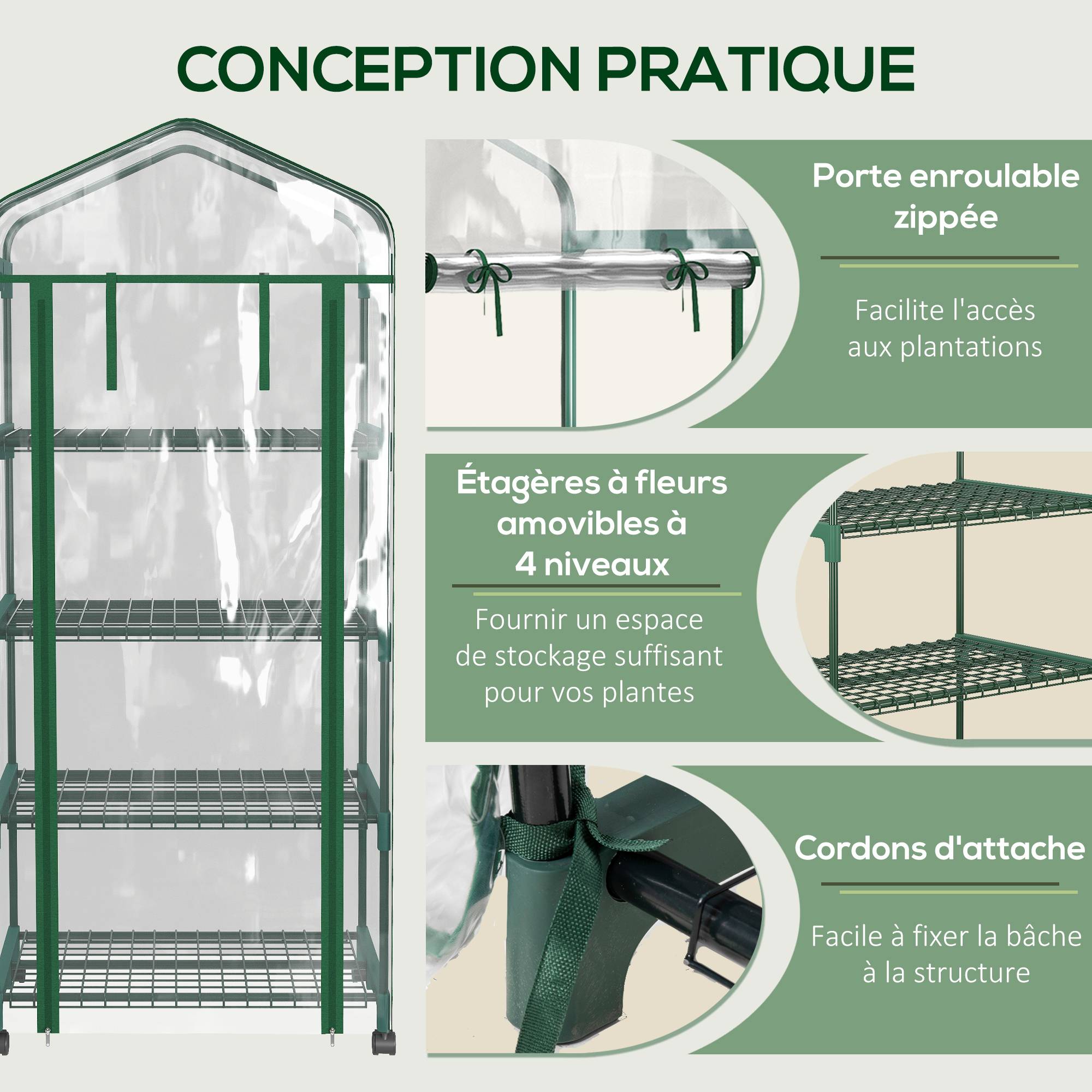 Sans Marque - Serre de balcon Outsunny 4 étagères 69x50x165 cm PVC 140 g/m² acier porte zippée serre plantes culture transparente - Image 7
