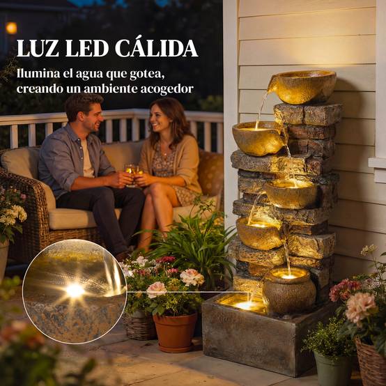 Fontaine de jardin cascade résine 5 niveaux pompe ajustable lumières LED marron - ComfortXL Outdoor Living - Image 7