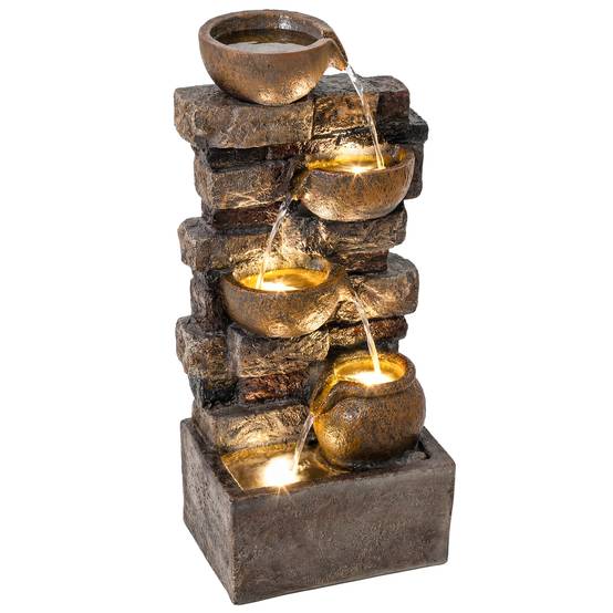 Fontaine de jardin cascade résine 5 niveaux pompe ajustable lumières LED marron - ComfortXL Outdoor Living - Image 1