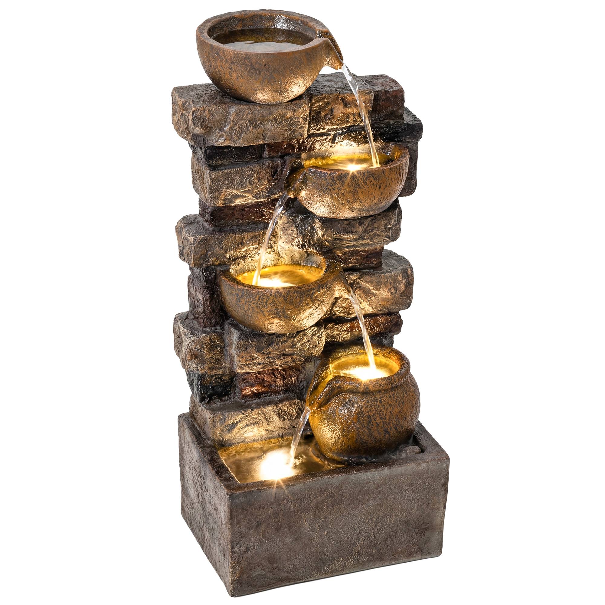 Fontaine de jardin cascade résine 5 niveaux pompe ajustable lumières LED marron - ComfortXL Outdoor Living