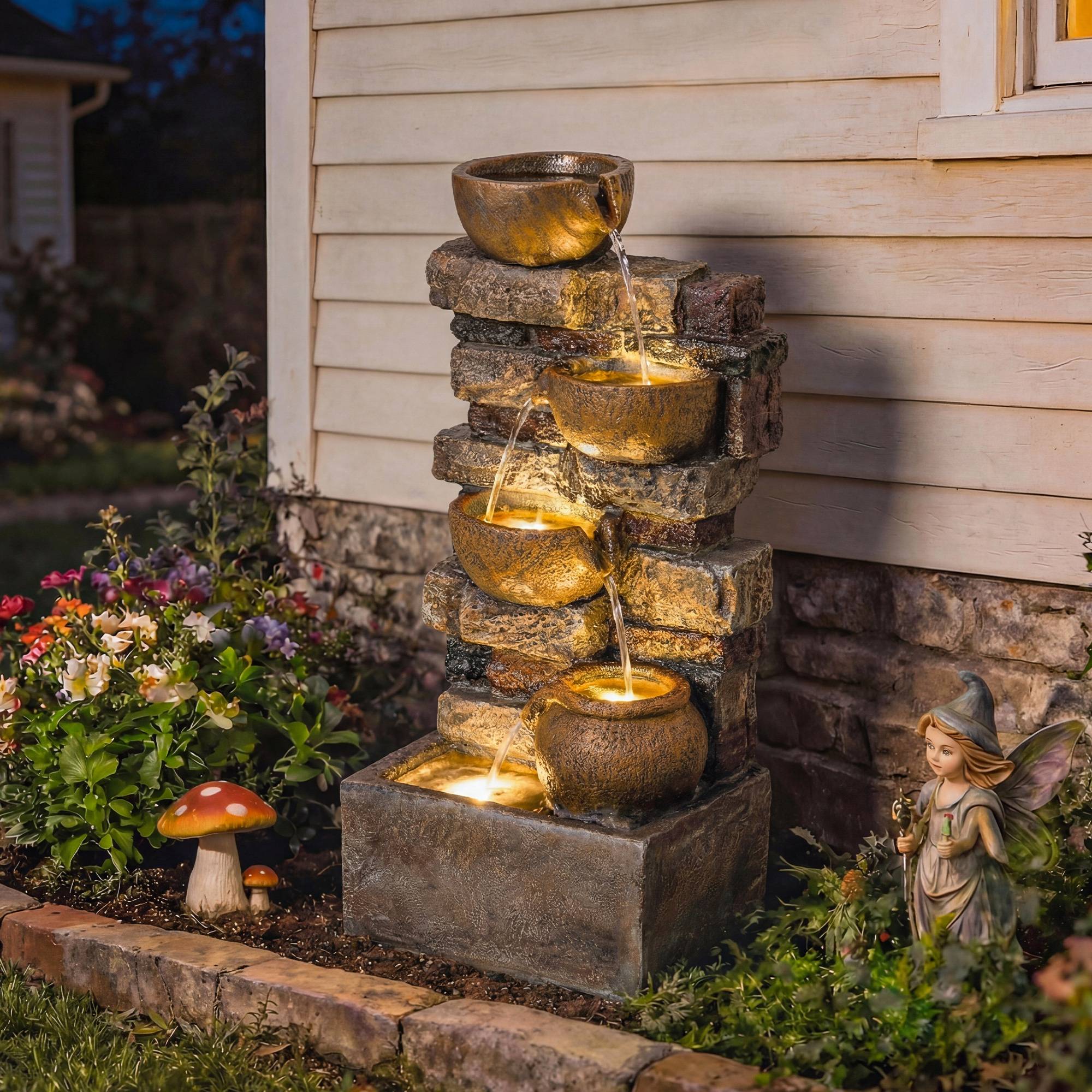 Fontaine de jardin cascade résine 5 niveaux pompe ajustable lumières LED marron - ComfortXL Outdoor Living - Image 3