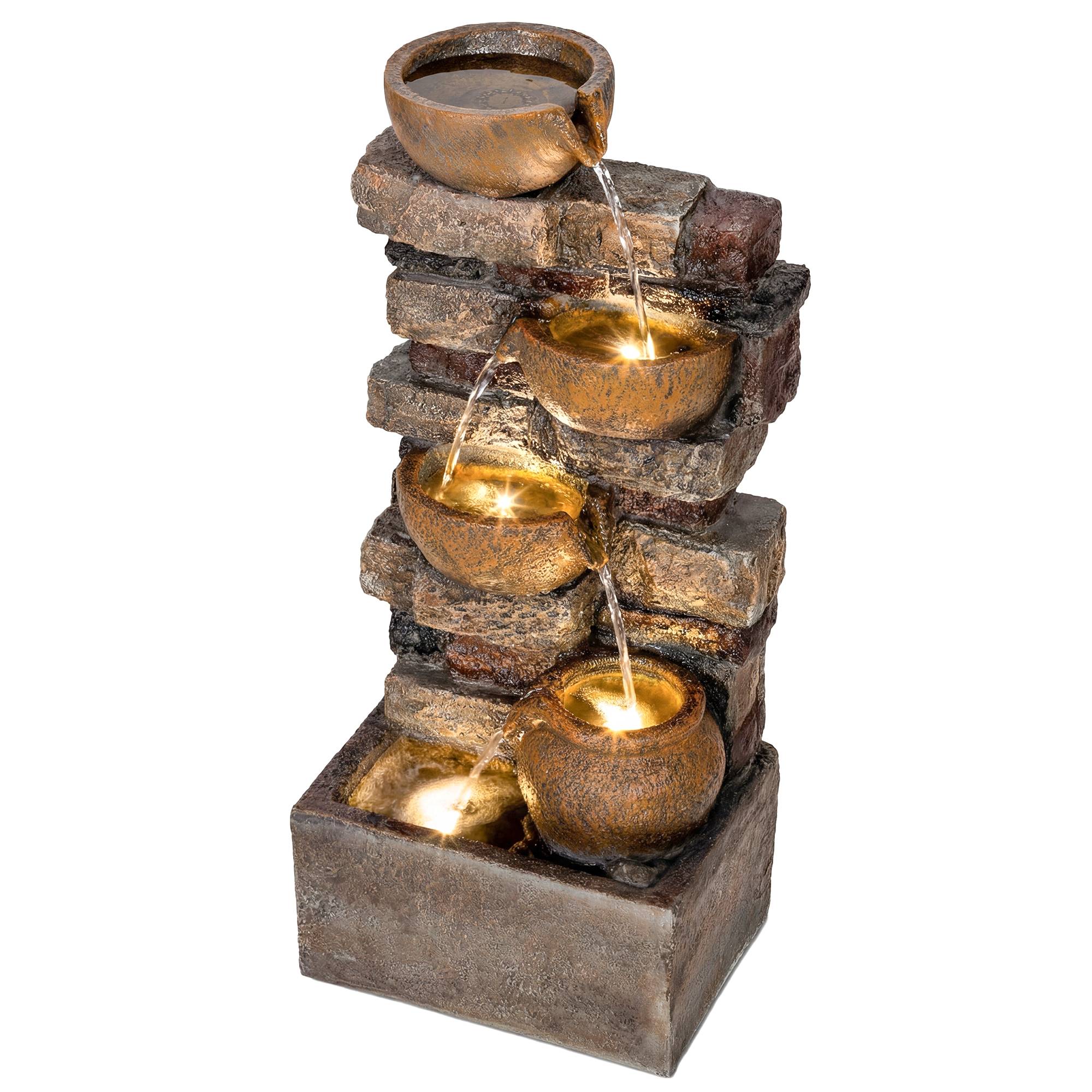 Fontaine de jardin cascade résine 5 niveaux pompe ajustable lumières LED marron - ComfortXL Outdoor Living - Image 2