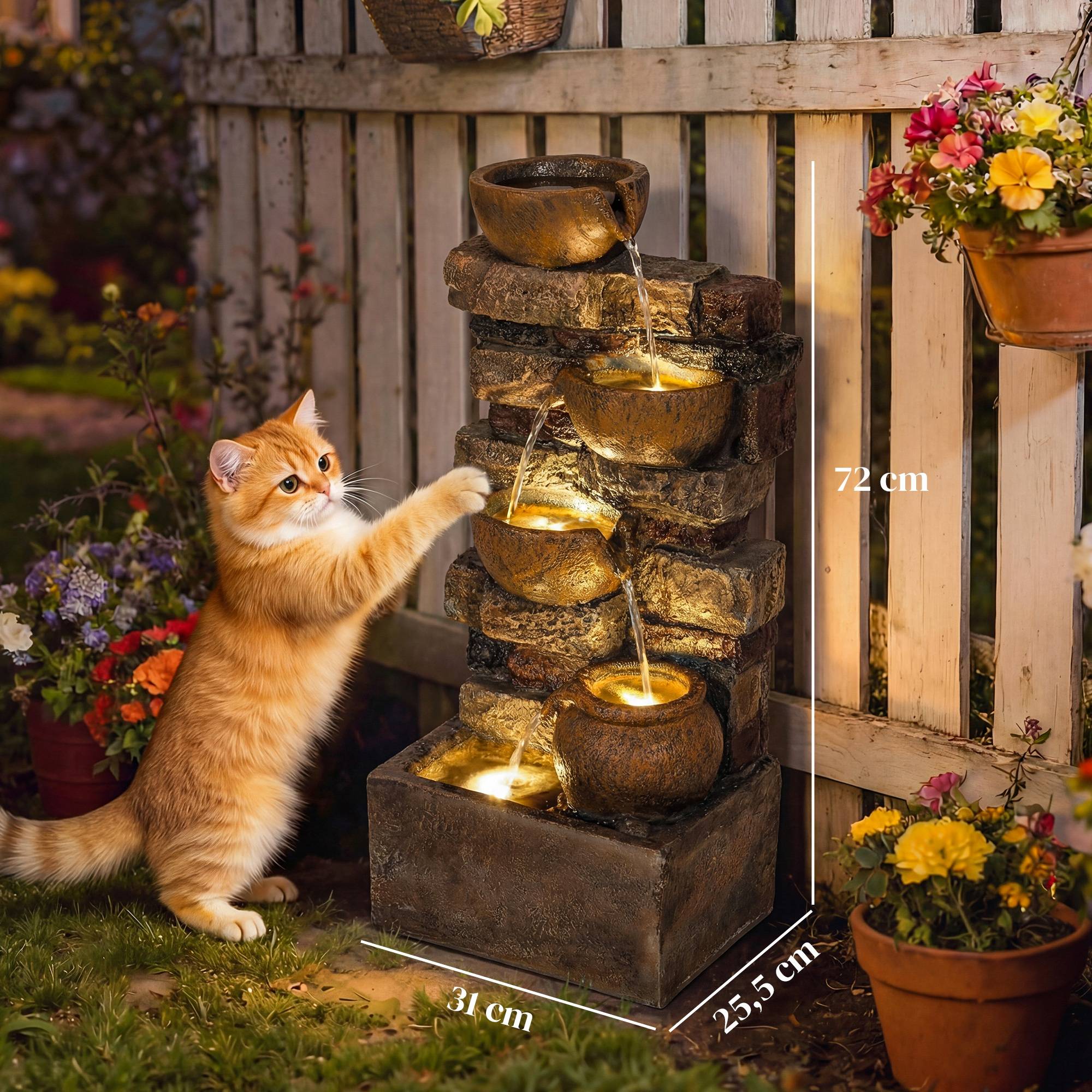 Fontaine de jardin cascade résine 5 niveaux pompe ajustable lumières LED marron - ComfortXL Outdoor Living - Image 5