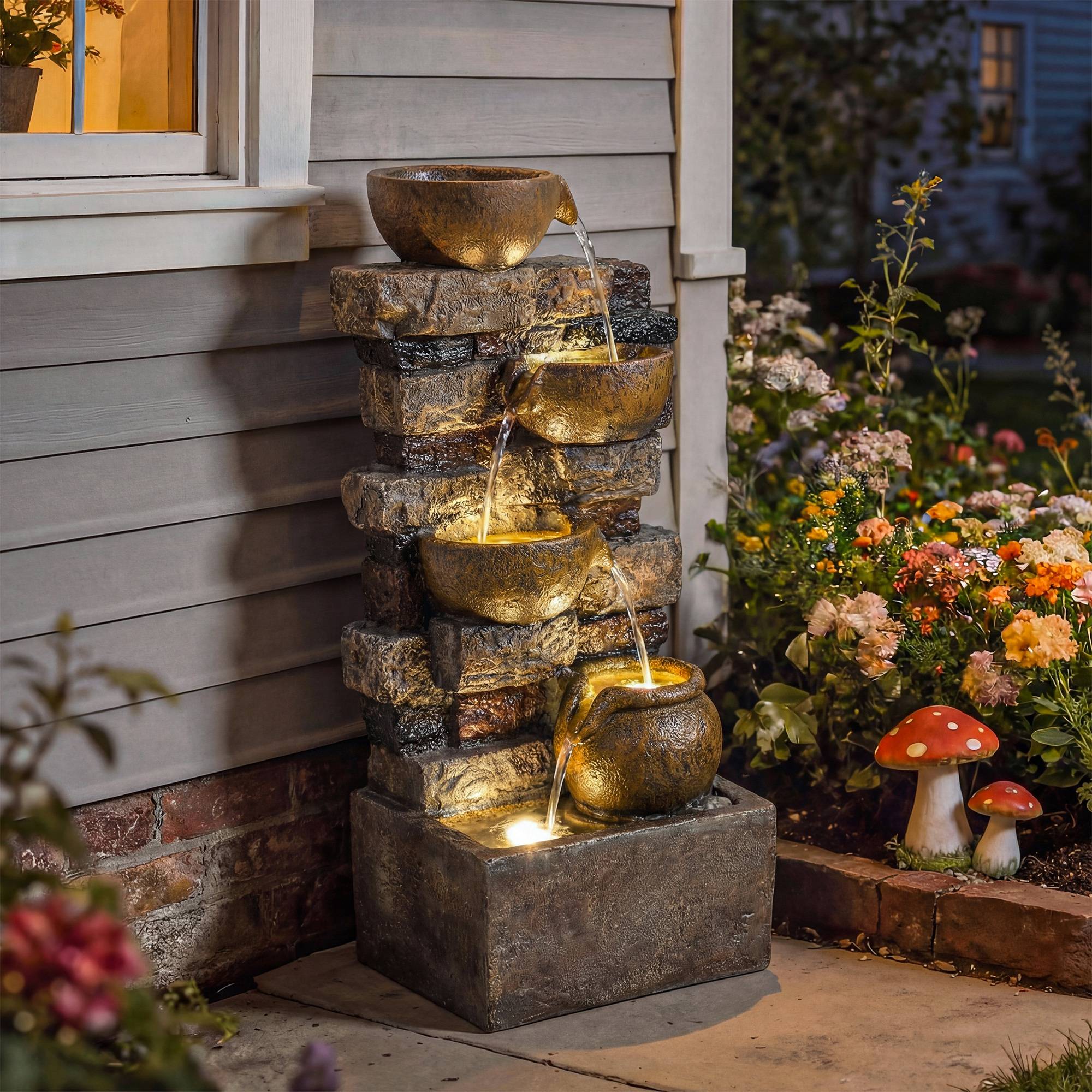 Fontaine de jardin cascade résine 5 niveaux pompe ajustable lumières LED marron - ComfortXL Outdoor Living - Image 4