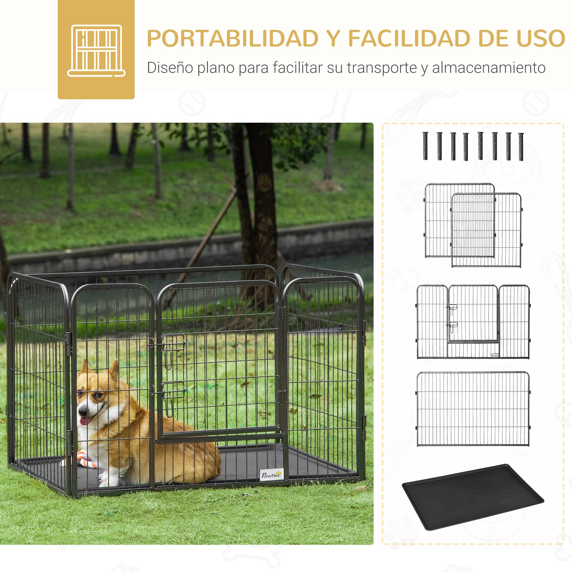 Parc Rectangulaire pour Animaux 4 Panneaux Acier 109 x 74 x 71 cm, Porte Double Verrouillage et Plateau Amovible, Intérieur/Extérieur - Image 7