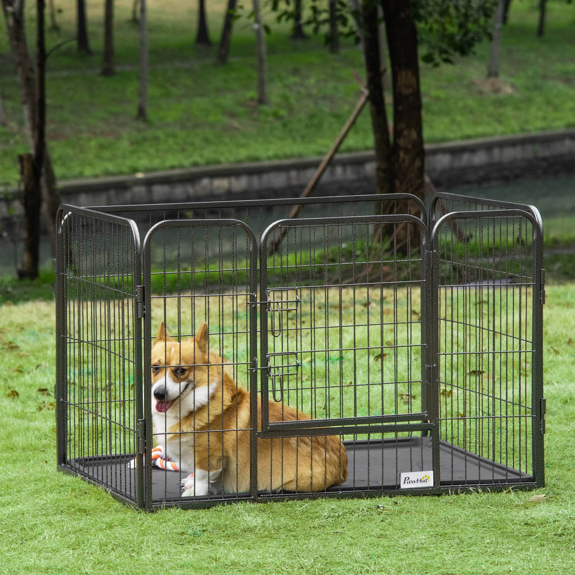 Parc Rectangulaire pour Animaux 4 Panneaux Acier 109 x 74 x 71 cm, Porte Double Verrouillage et Plateau Amovible, Intérieur/Extérieur - Image 3