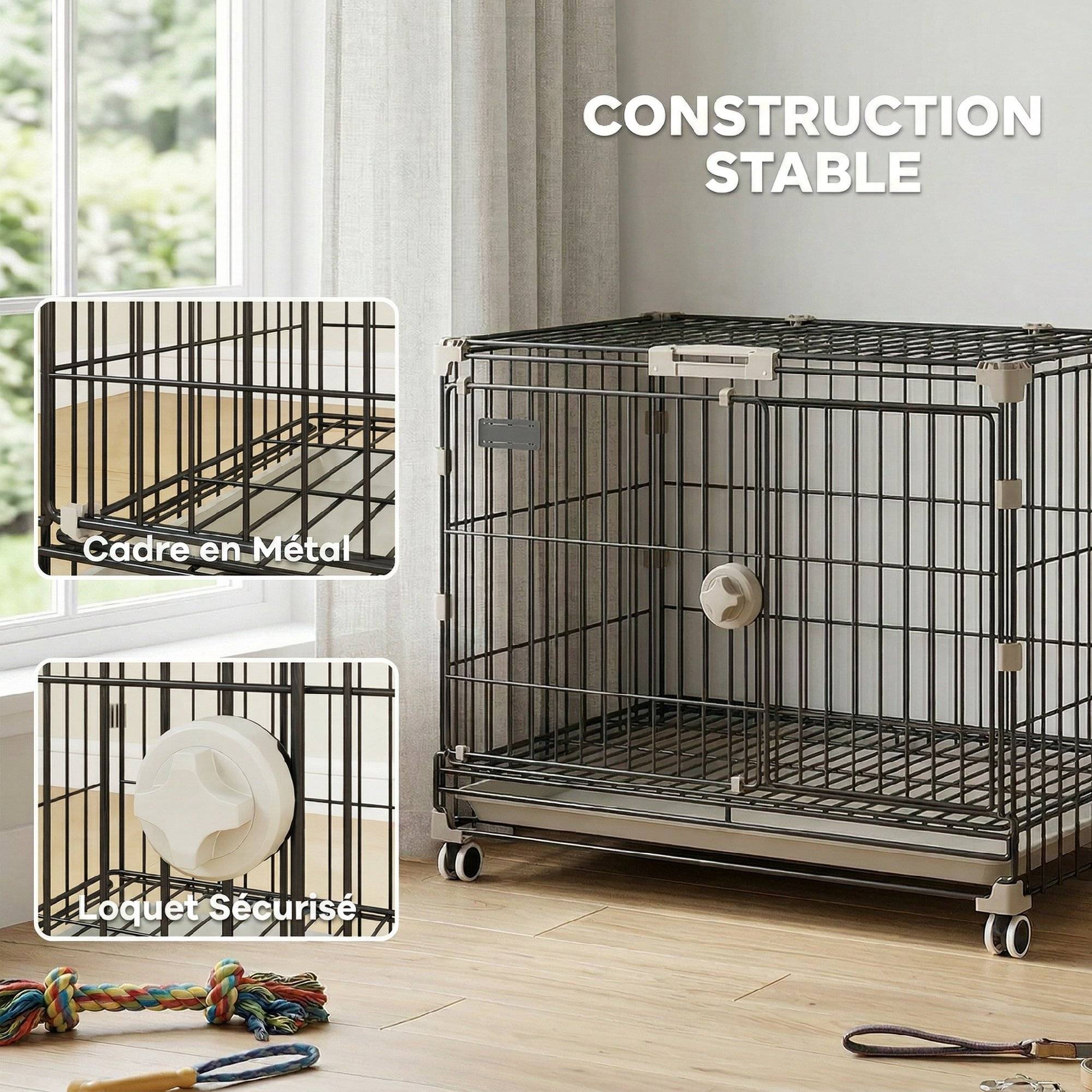 Cage chien pliable métal intérieur roues freins toit ouvrant 60,5x45,5x54,5cm noir - ComfortXL Outdoor Living - Image 7