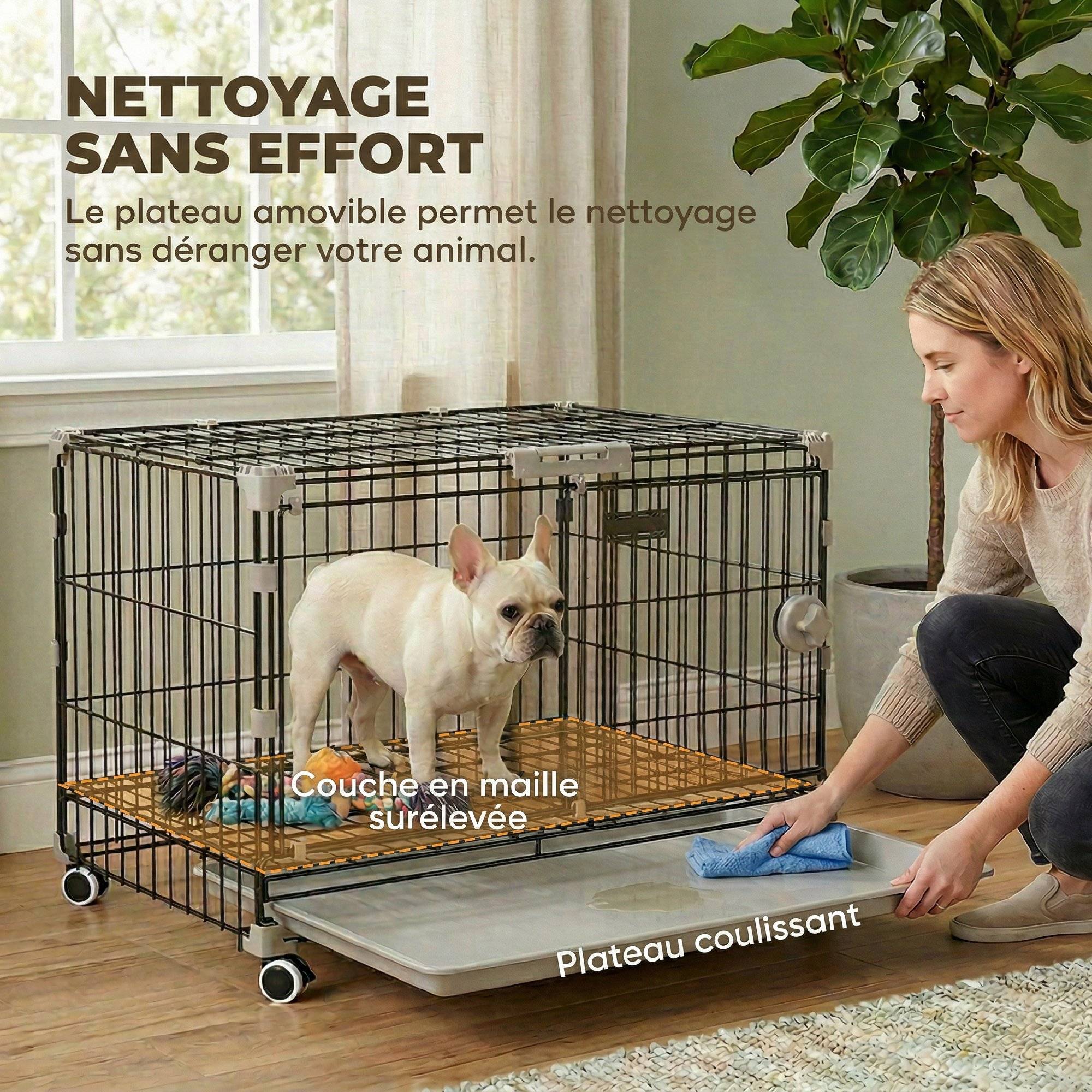 Cage chien pliable métal intérieur roues freins toit ouvrant 60,5x45,5x54,5cm noir - ComfortXL Outdoor Living - Image 9