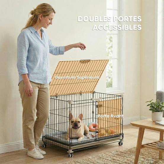 Cage chien pliable métal intérieur roues freins toit ouvrant 60,5x45,5x54,5cm noir - ComfortXL Outdoor Living - Image 8