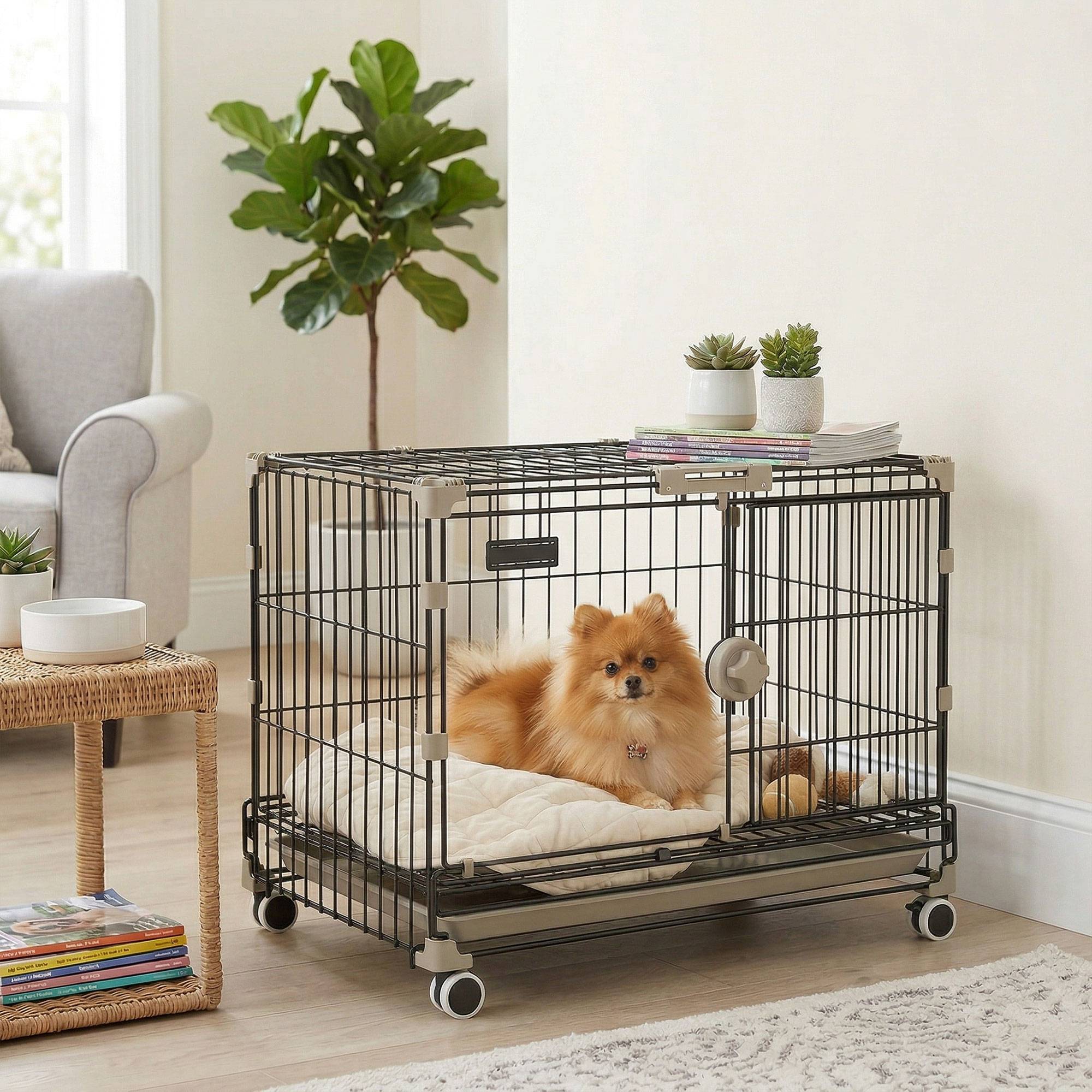 Cage chien pliable métal intérieur roues freins toit ouvrant 60,5x45,5x54,5cm noir - ComfortXL Outdoor Living - Image 3
