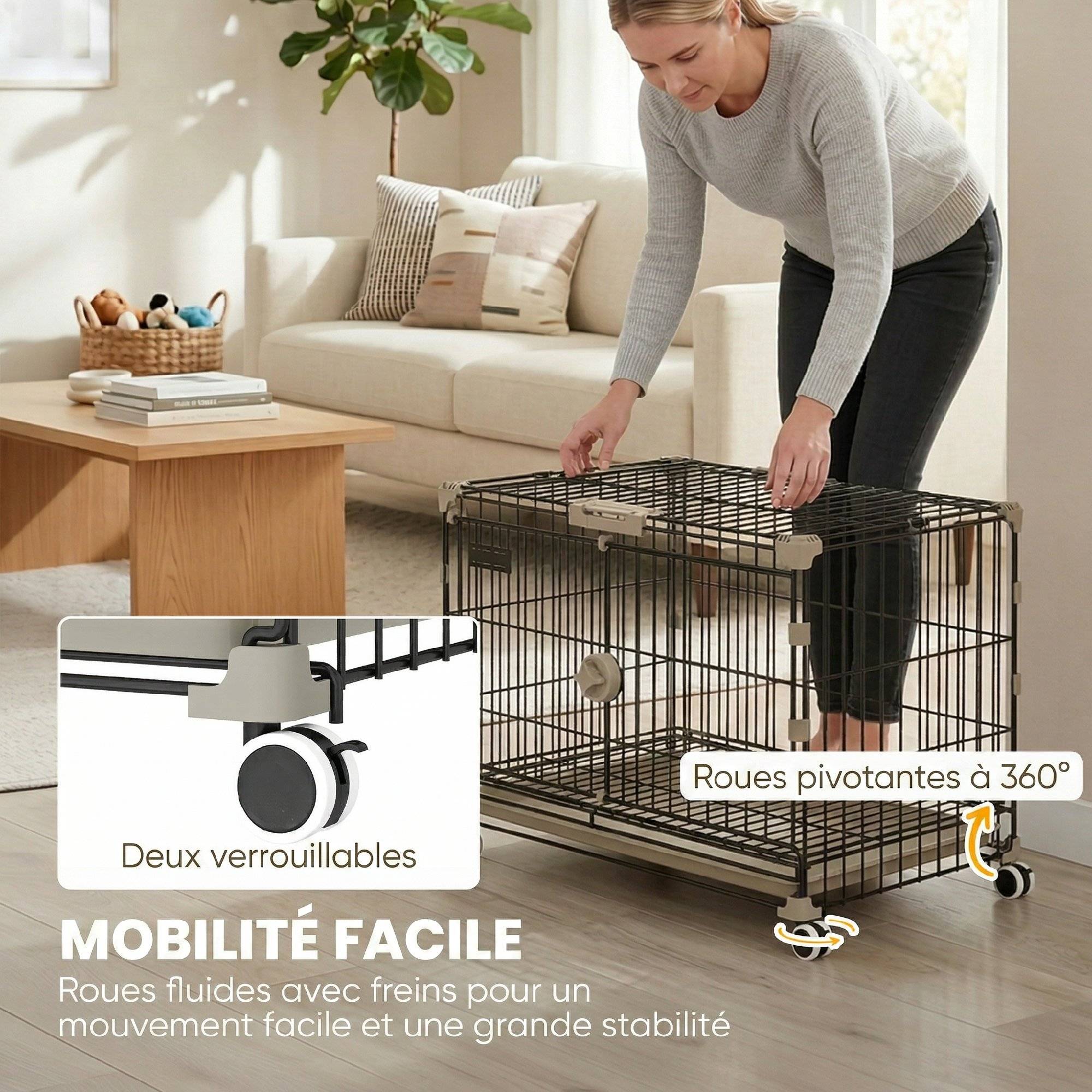 Cage chien pliable métal intérieur roues freins toit ouvrant 60,5x45,5x54,5cm noir - ComfortXL Outdoor Living - Image 6
