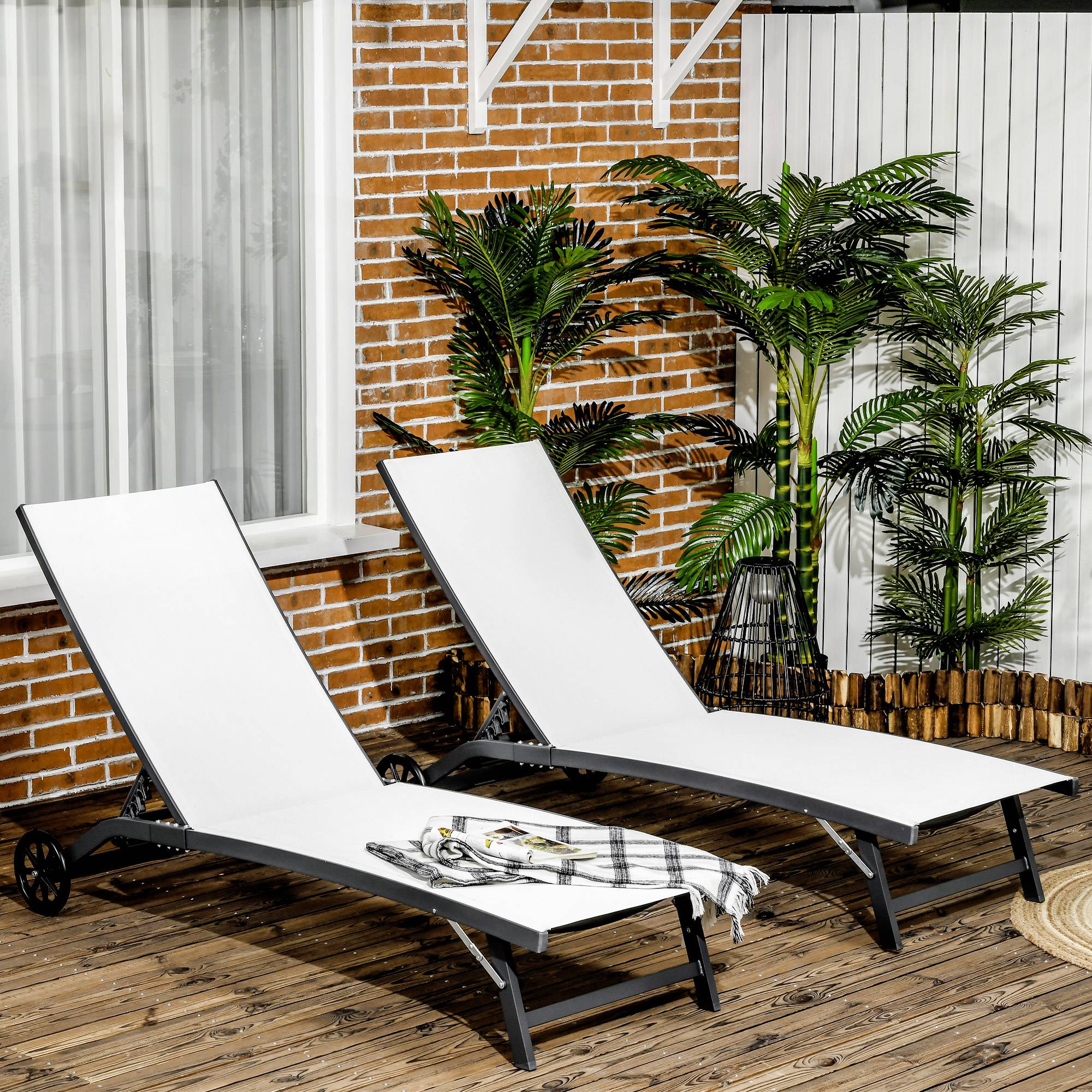Sans Marque - Ensemble de 2 chaises longues avec dossier inclinable, en aluminium et tissu respirant, 66 x 165 x 102 cm, couleur crème - Image 4