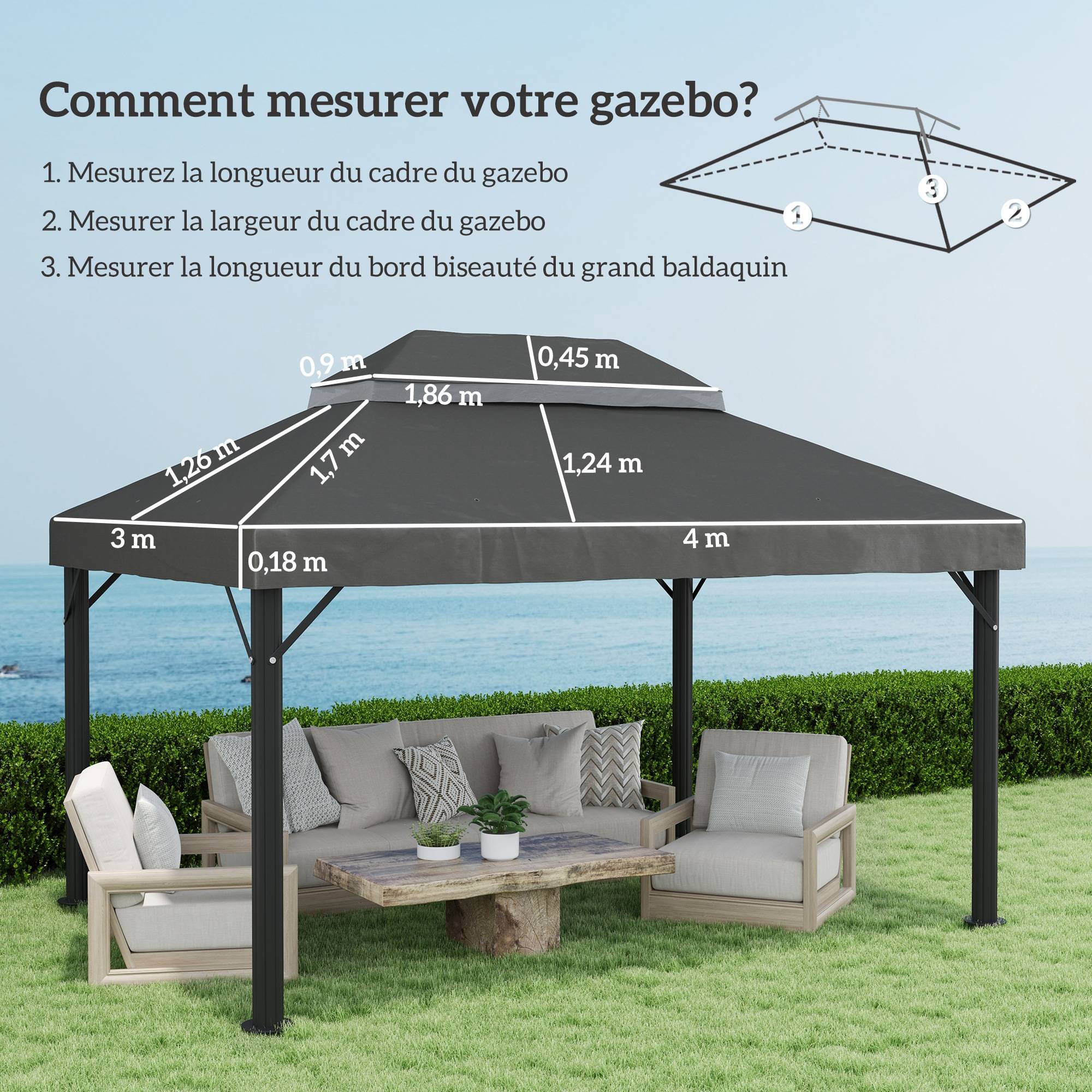 ComfortXL - Toile de rechange tonnelle tissu Oxford toit double ventilation 4x3m gris - ComfortXL Outdoor Living - Image 5