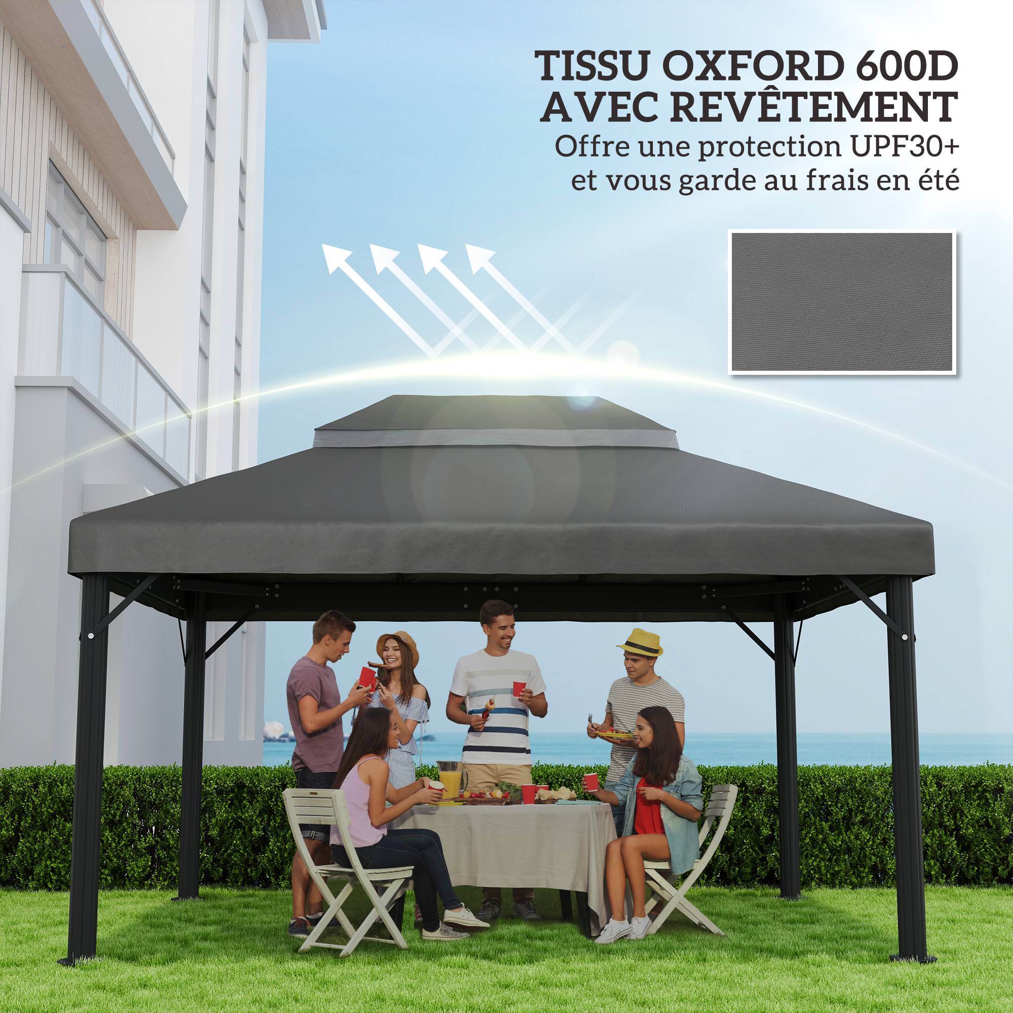 ComfortXL - Toile de rechange tonnelle tissu Oxford toit double ventilation 4x3m gris - ComfortXL Outdoor Living - Image 8