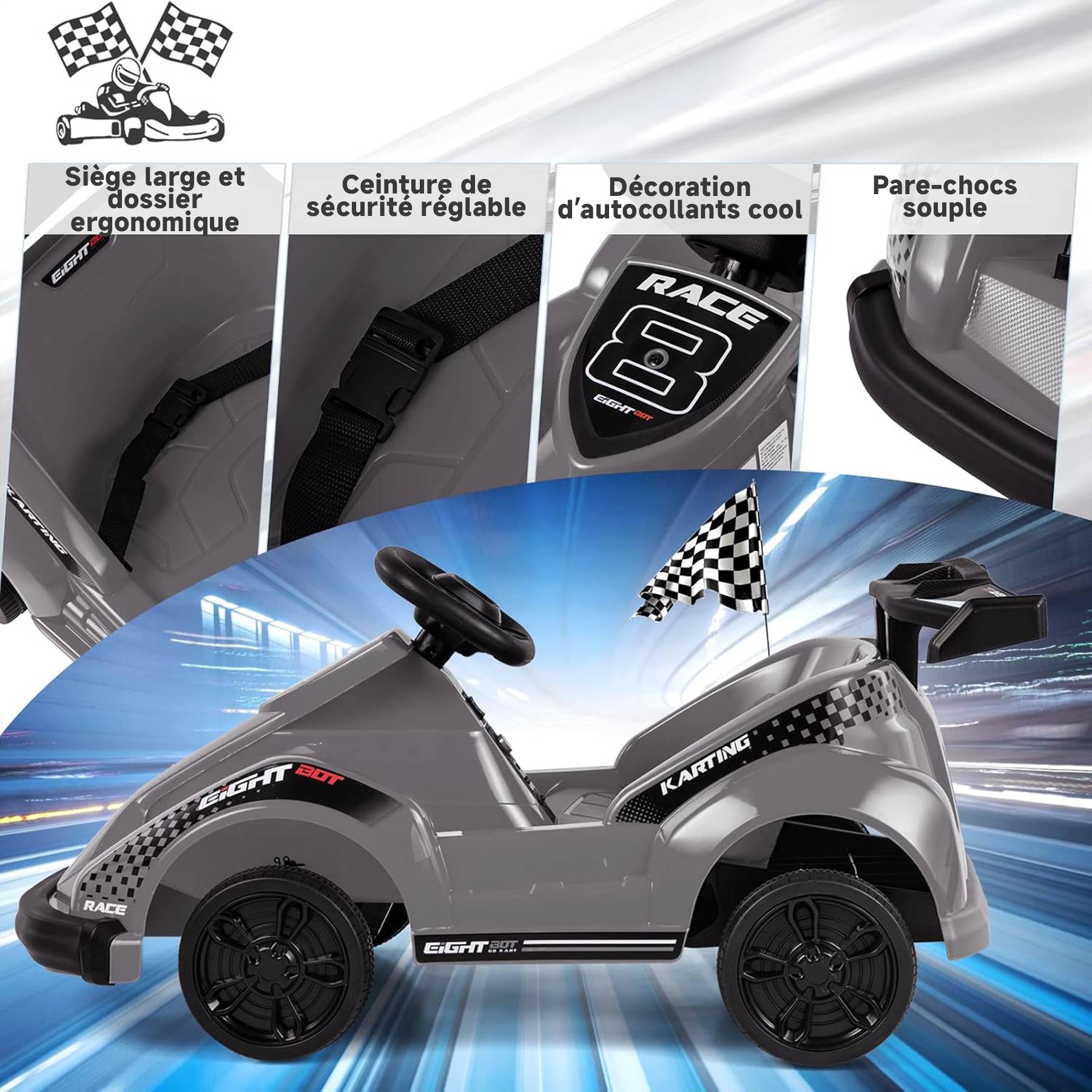0 - Kart à pédales voiture pour enfants - ORYXEARTH - Gris - 6V - Electrique - 4 roues - Image 7