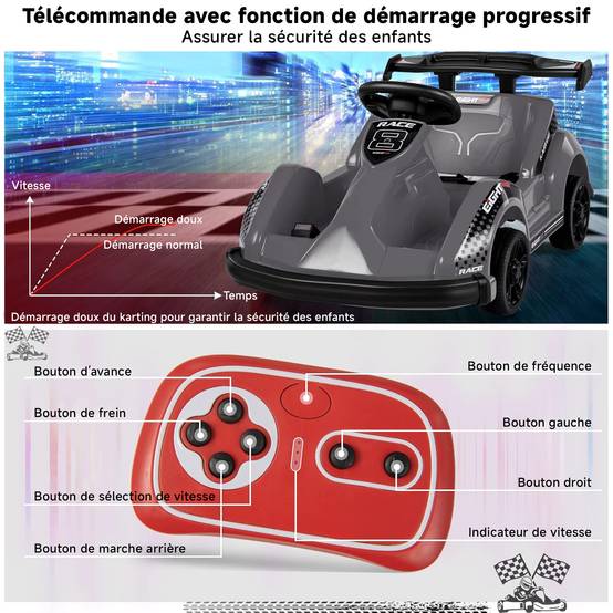 0 - Kart à pédales voiture pour enfants - ORYXEARTH - Gris - 6V - Electrique - 4 roues - Image 6