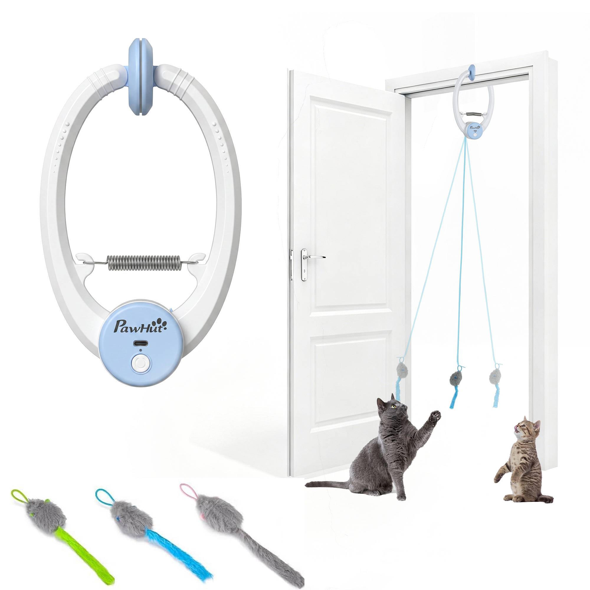 Sans Marque - Souris interactive pour chat, rechargeable par USB et à suspendre à la porte, en forme de souris rebondissante, 24,1 x 13,8 x 6,6 cm, blanche.