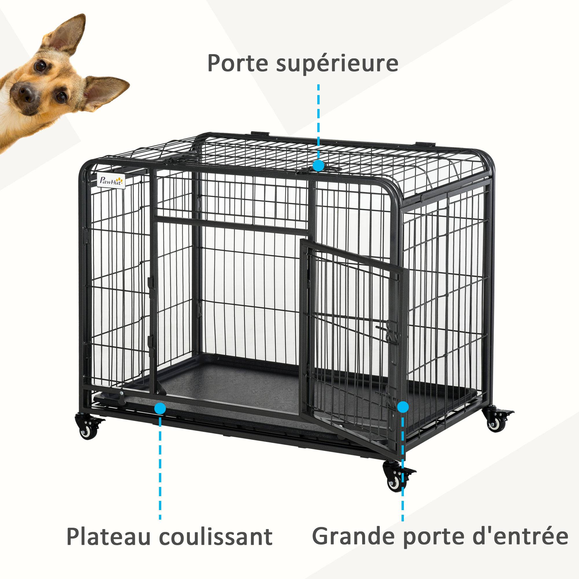 Pawhut - Cage pour chien pliable cage de transport sur roulettes 2 portes verrouillables plateau amovible dim. 125L x 76l x 81H cm métal gris noir - Imagen 4
