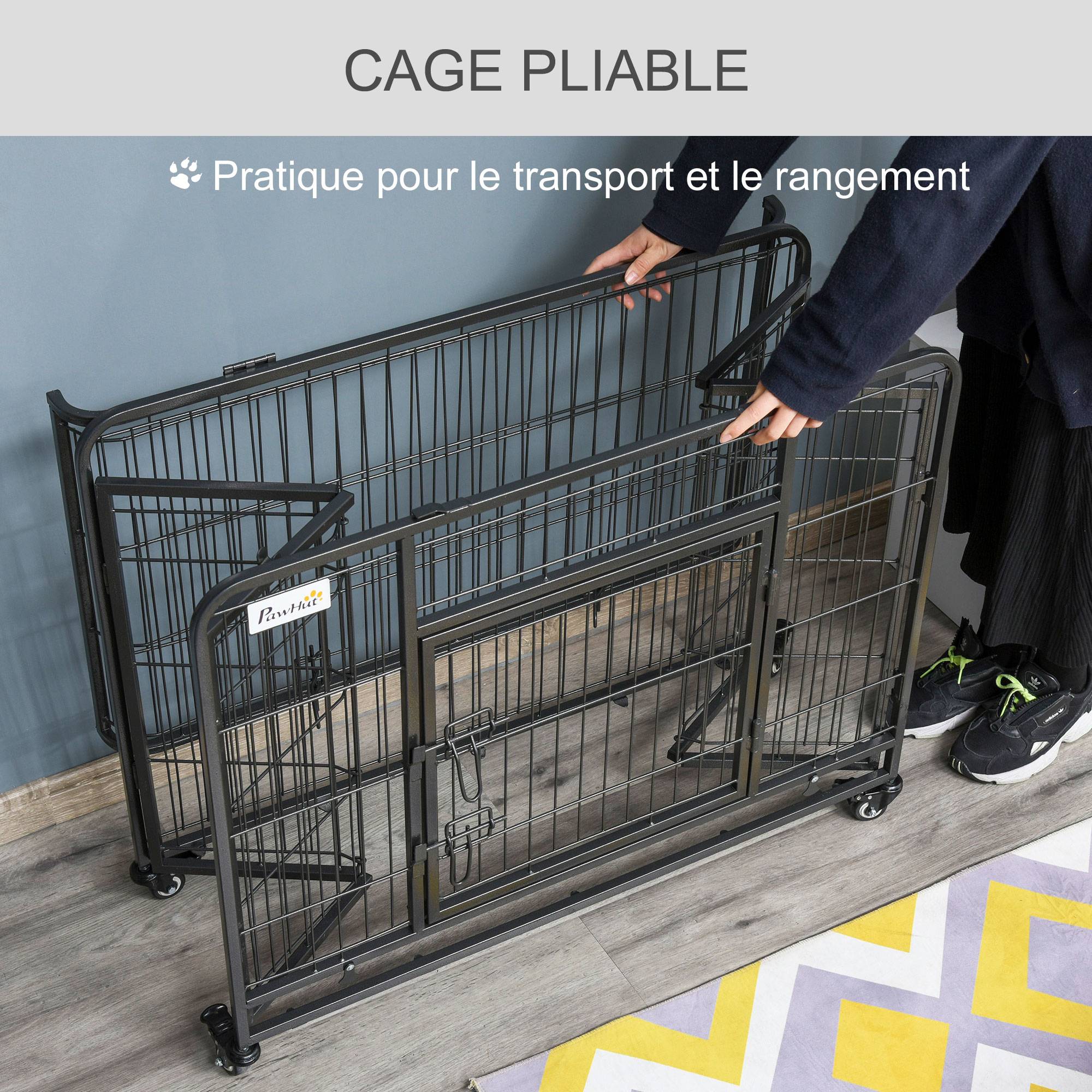 Pawhut - Cage pour chien pliable cage de transport sur roulettes 2 portes verrouillables plateau amovible dim. 125L x 76l x 81H cm métal gris noir - Imagen 5