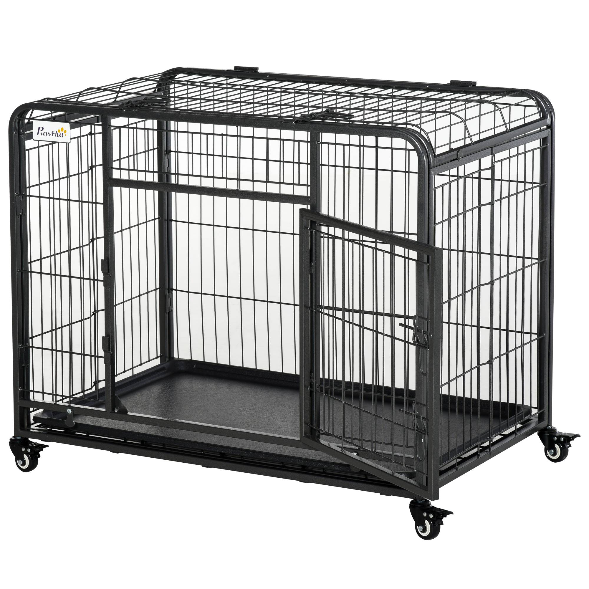 Pawhut - Cage pour chien pliable cage de transport sur roulettes 2 portes verrouillables plateau amovible dim. 125L x 76l x 81H cm métal gris noir - Imagen 1