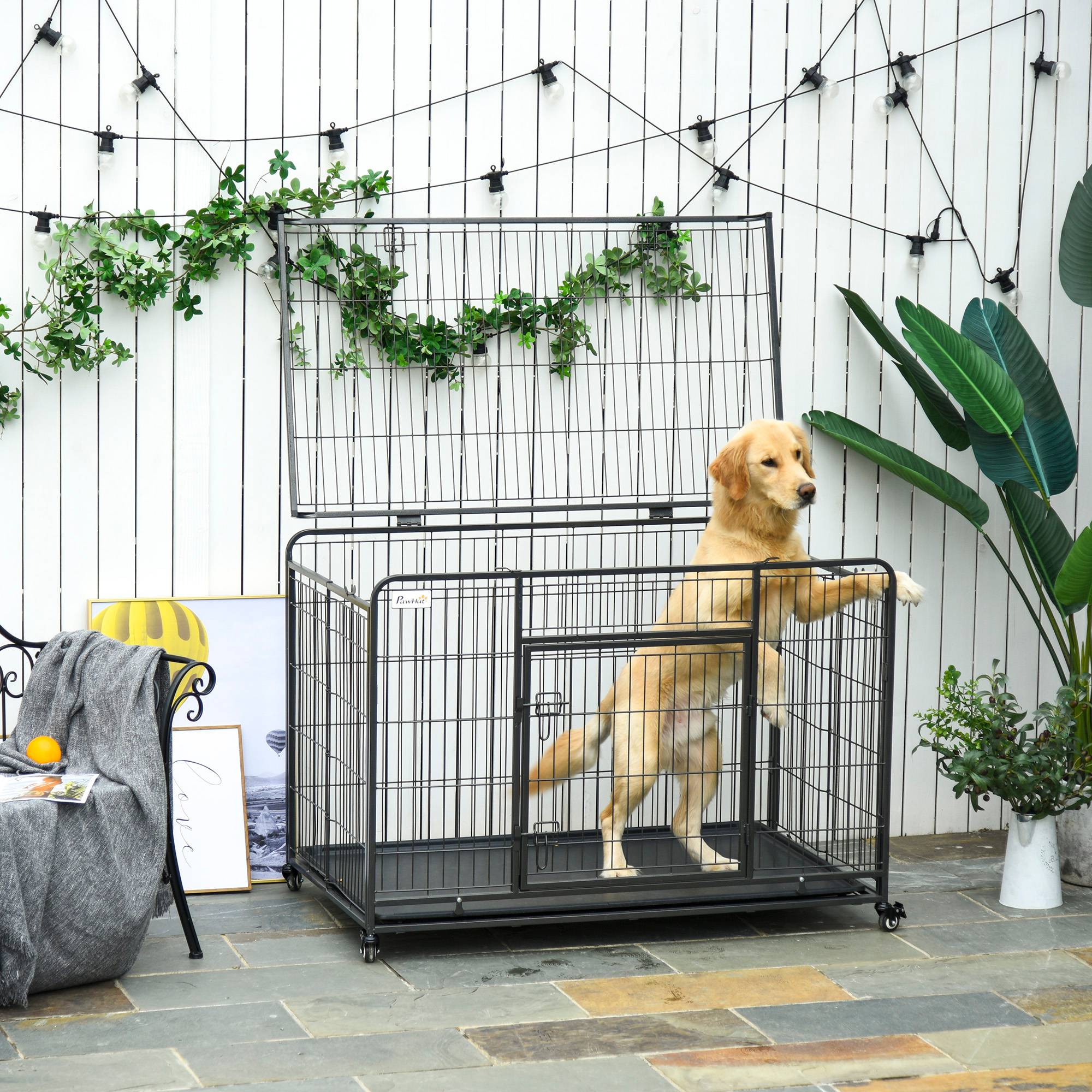 Pawhut - Cage pour chien pliable cage de transport sur roulettes 2 portes verrouillables plateau amovible dim. 125L x 76l x 81H cm métal gris noir - Imagen 2