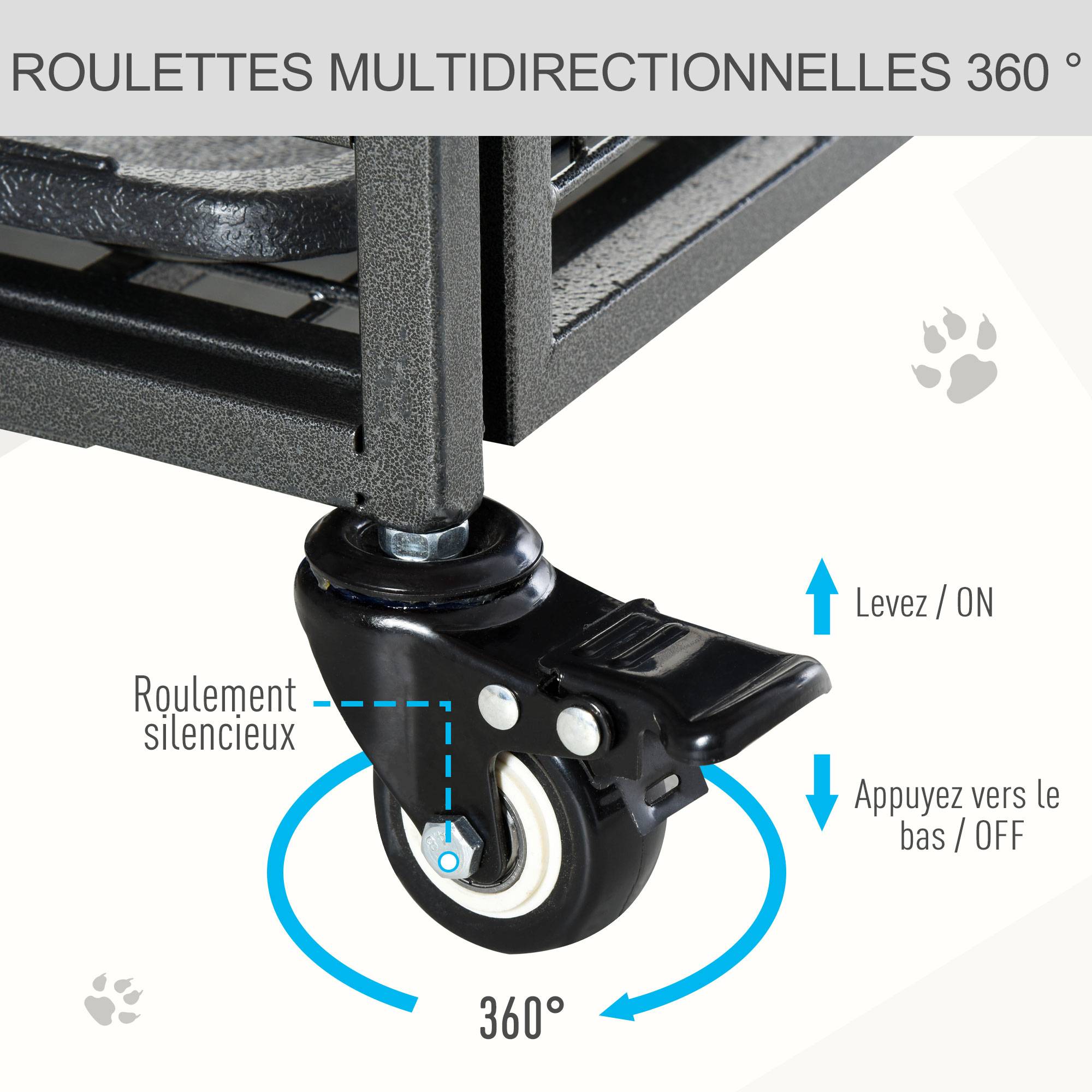 Pawhut - Cage pour chien pliable cage de transport sur roulettes 2 portes verrouillables plateau amovible dim. 125L x 76l x 81H cm métal gris noir - Imagen 6