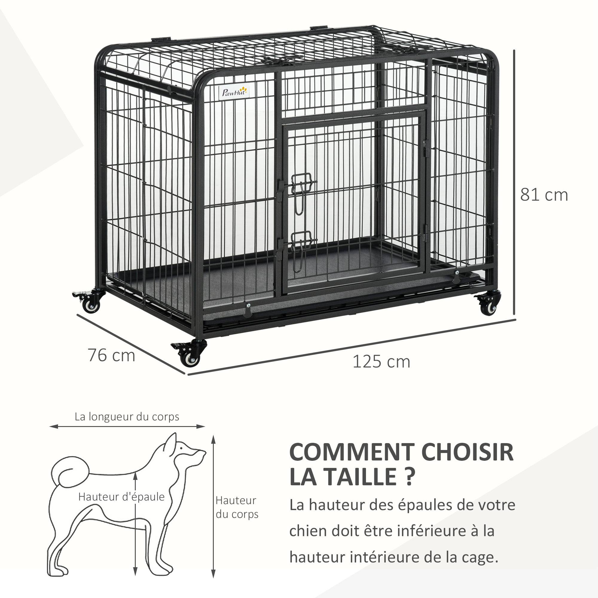 Pawhut - Cage pour chien pliable cage de transport sur roulettes 2 portes verrouillables plateau amovible dim. 125L x 76l x 81H cm métal gris noir - Imagen 3