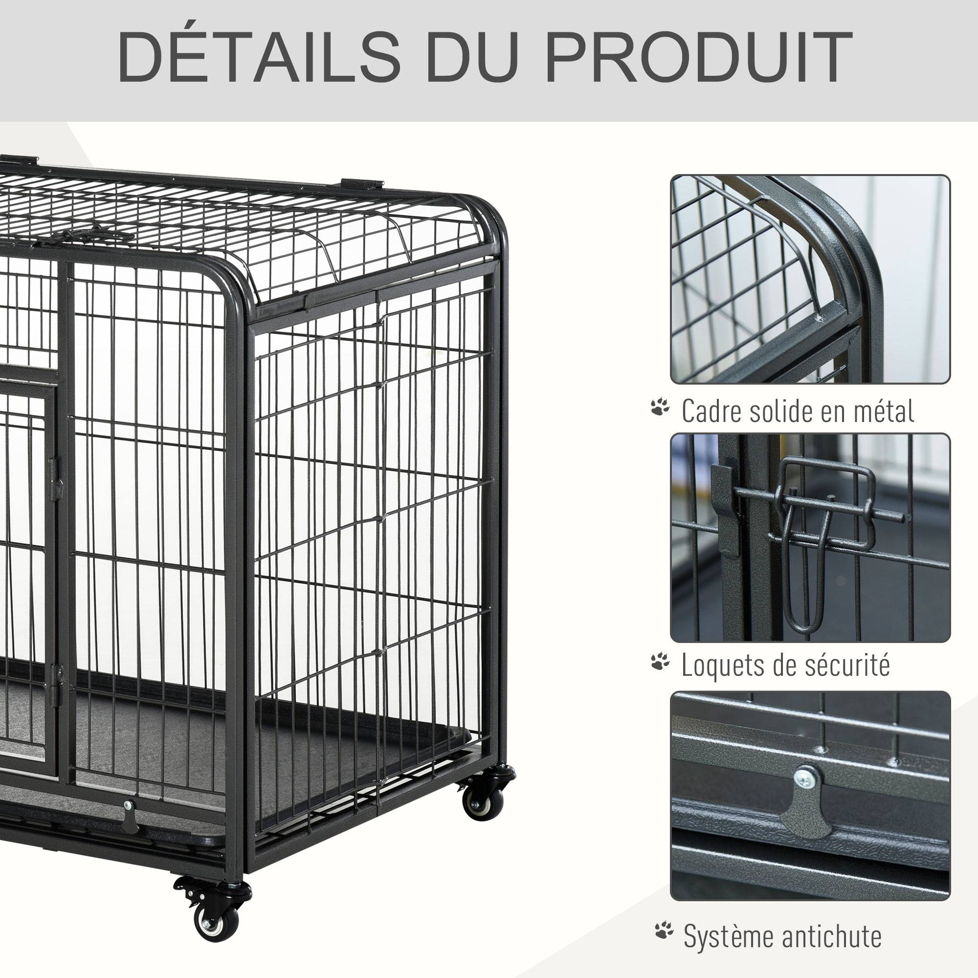 Pawhut - Cage pour chien pliable cage de transport sur roulettes 2 portes verrouillables plateau amovible dim. 125L x 76l x 81H cm métal gris noir - Imagen 7