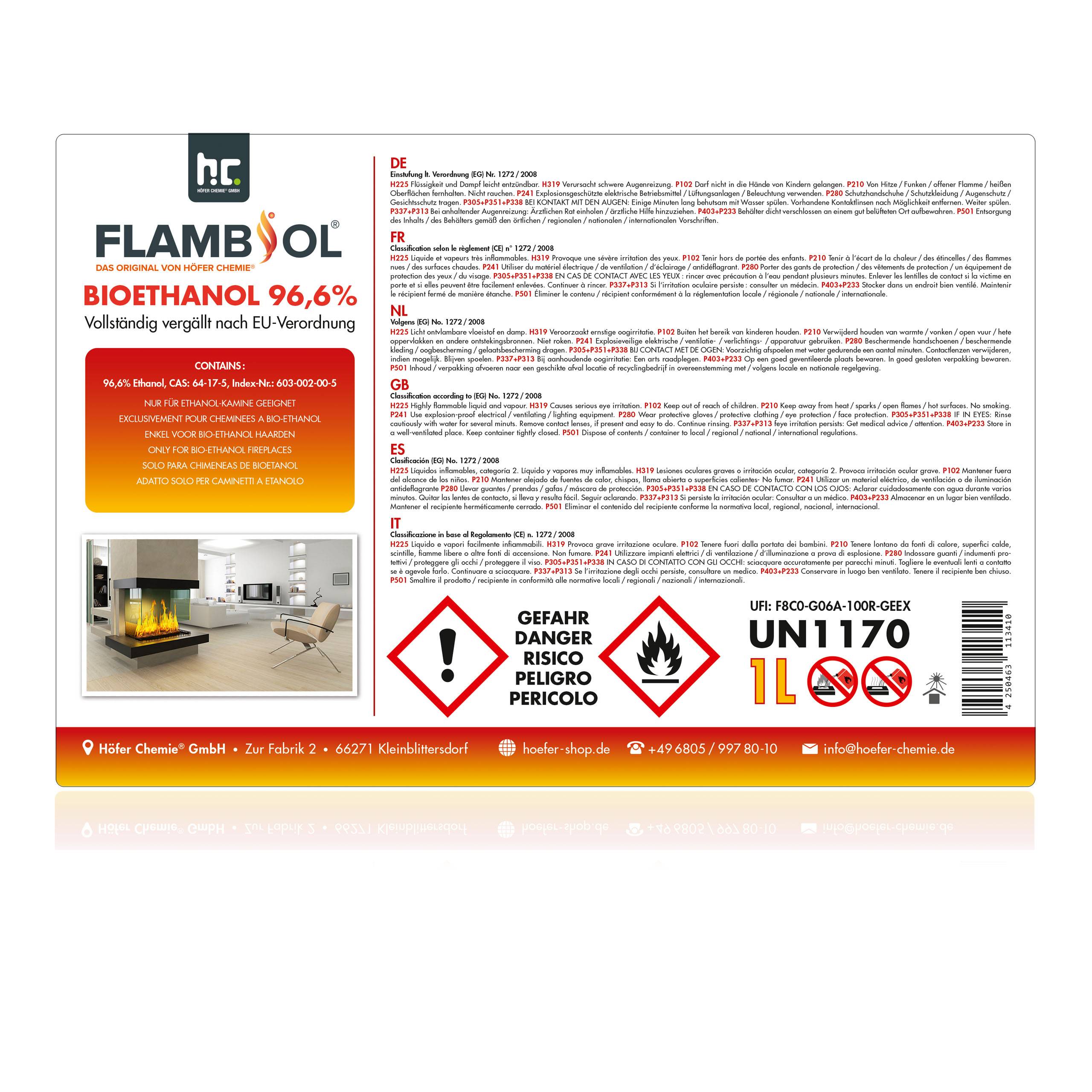 Bioéthanol à 96,6% dénaturé FLAMBIOL® en bouteille de 1L x 24 - Image 7