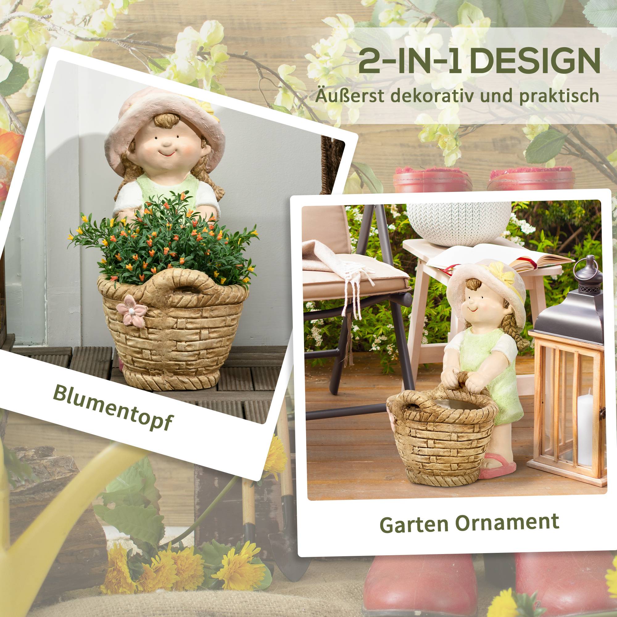 Statue de jardin fille oxyde de magnésium extérieur terrasse avec pot de fleurs intégré 40cm multicolore - Image 4
