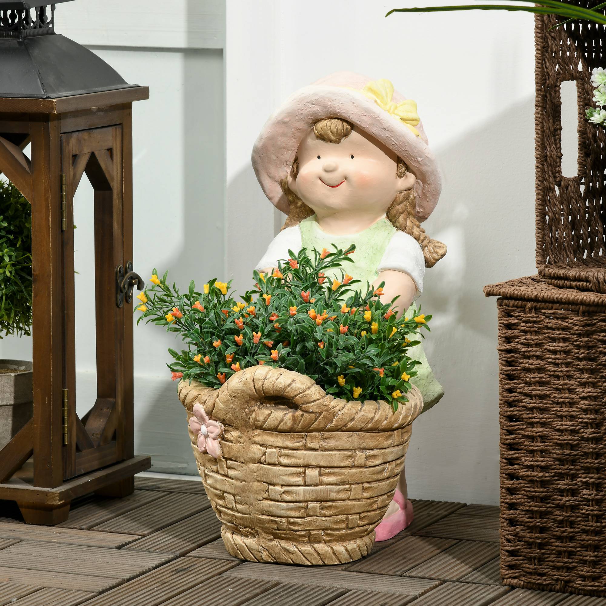 Statue de jardin fille oxyde de magnésium extérieur terrasse avec pot de fleurs intégré 40cm multicolore