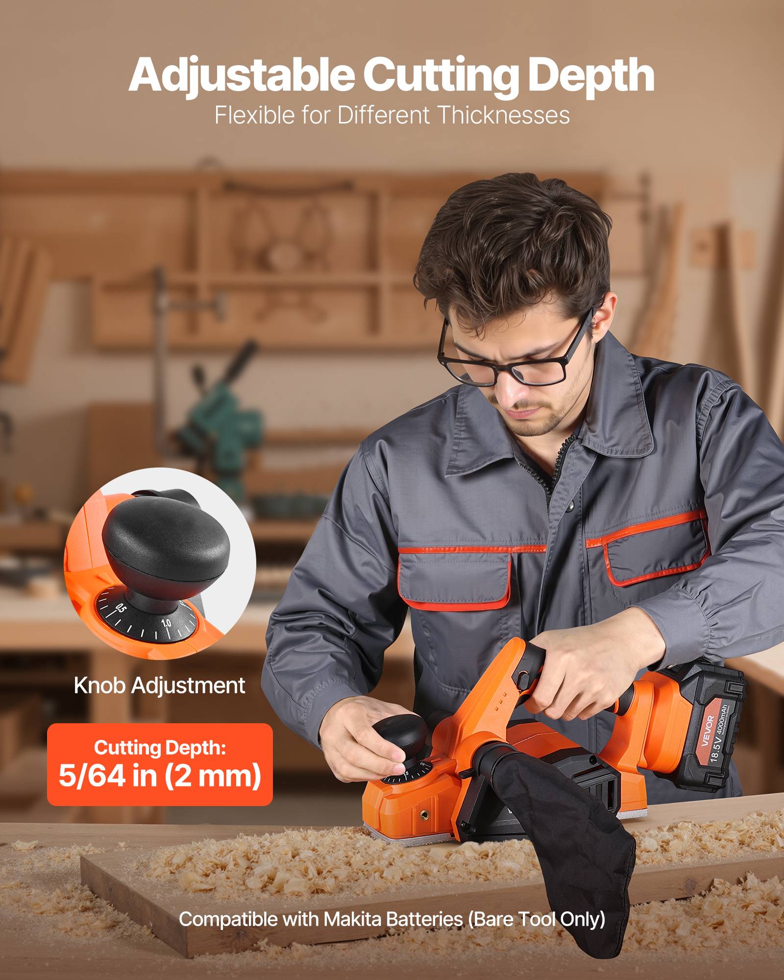 VEVOR Rabot Électrique sans Fil Raboteuse à Bois à Main 82 mm sans Batterie - Image 4