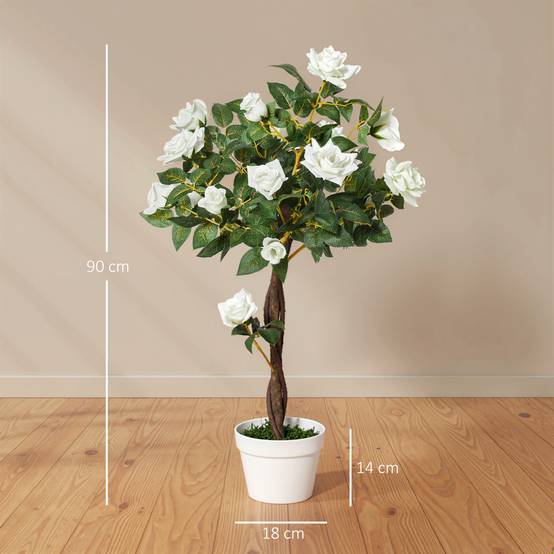 Rose artificielle 21 fleurs, pot ciment/mousse, anti-UV, Ø18x90cm, blanc/vert - Image 5